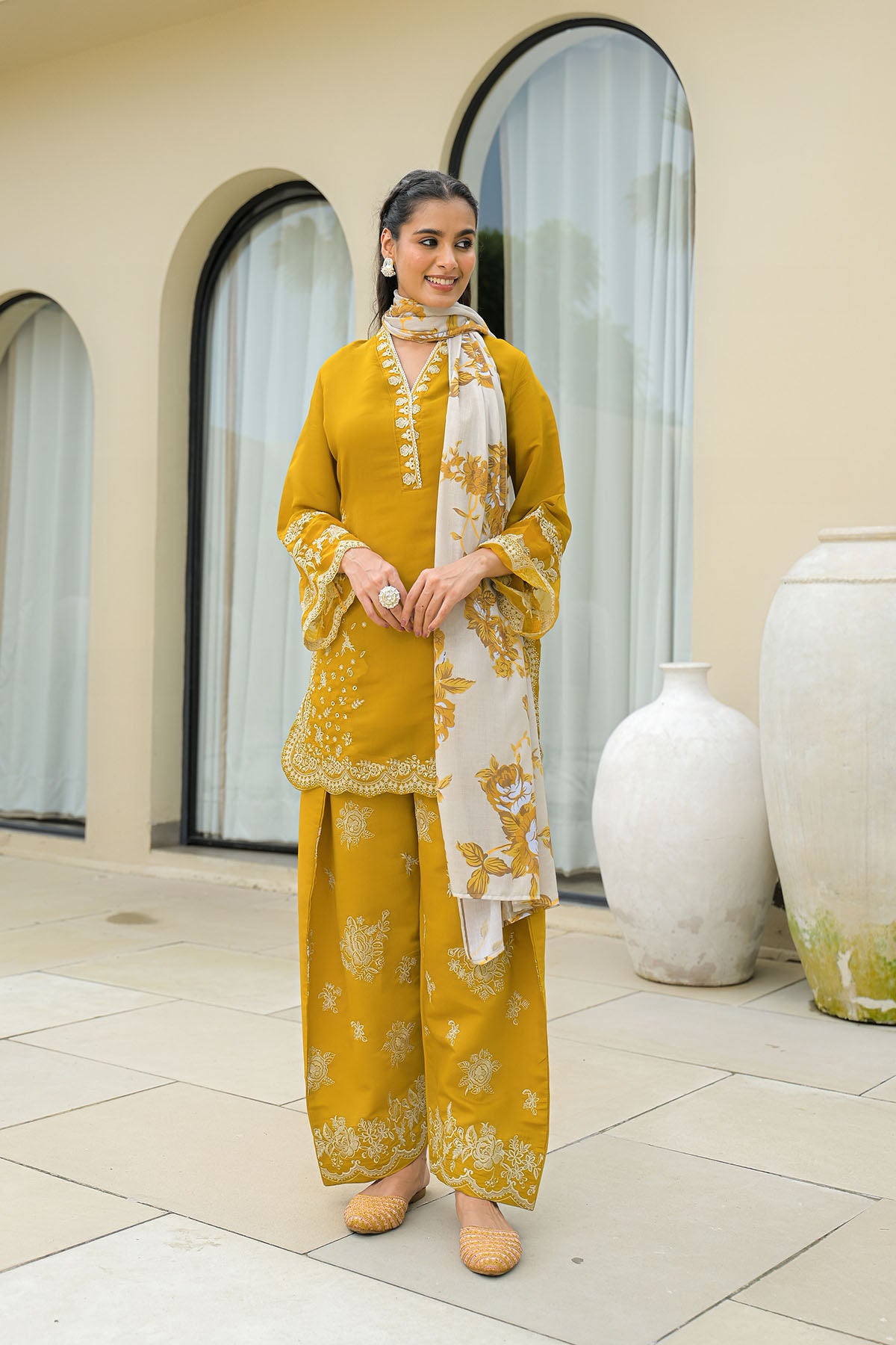 Mustard Solid Chanderi Embroidered Farsi Salwar Set