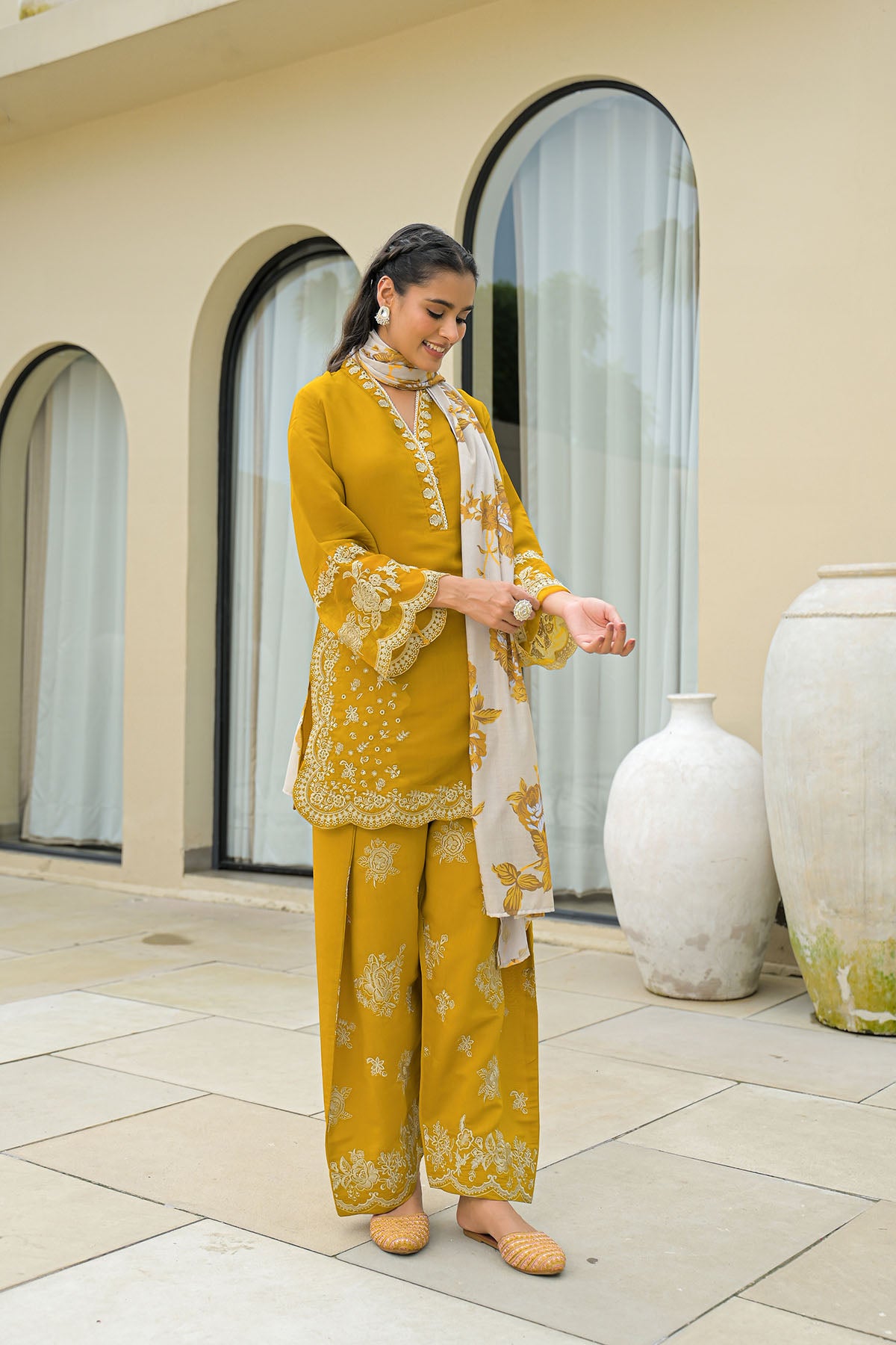 Mustard Solid Chanderi Embroidered Farsi Salwar Set