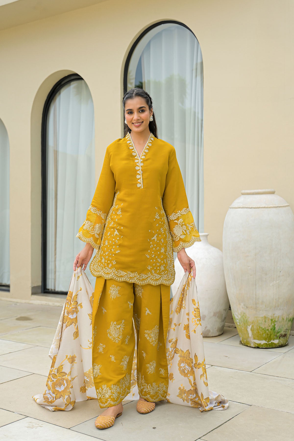 Mustard Solid Chanderi Embroidered Farsi Salwar Set