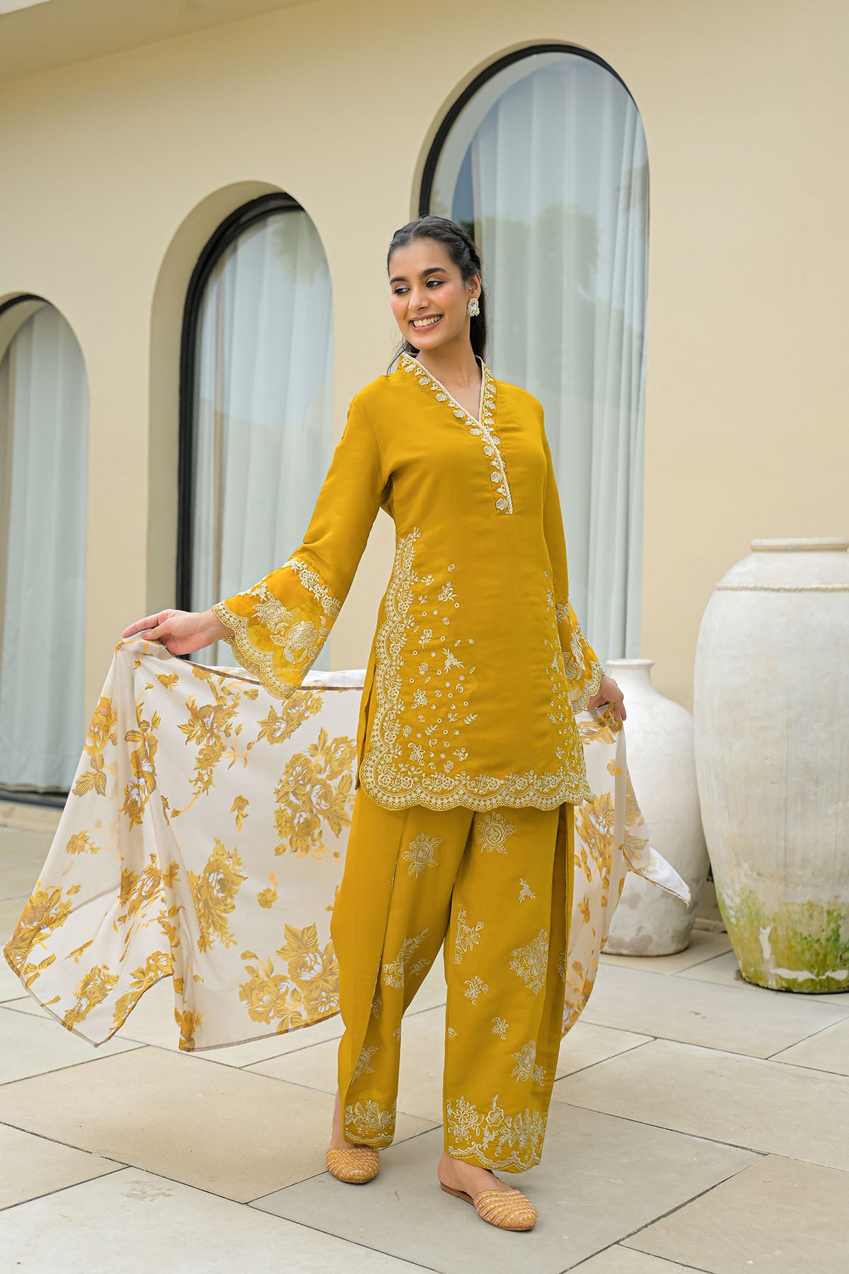 Mustard Solid Chanderi Embroidered Farsi Salwar Set