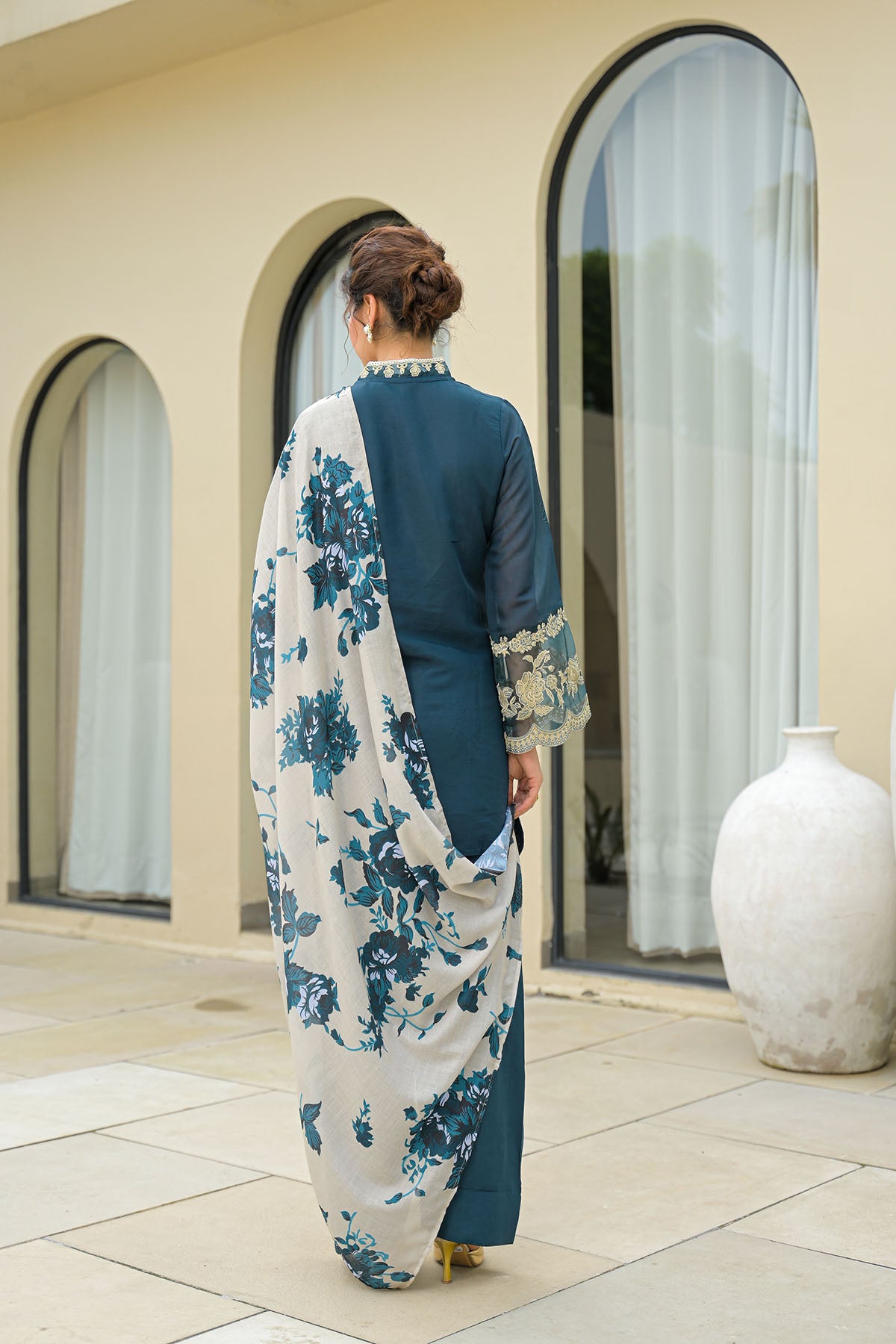 Blue Solid Chanderi Embroidered Farsi Salwar Set