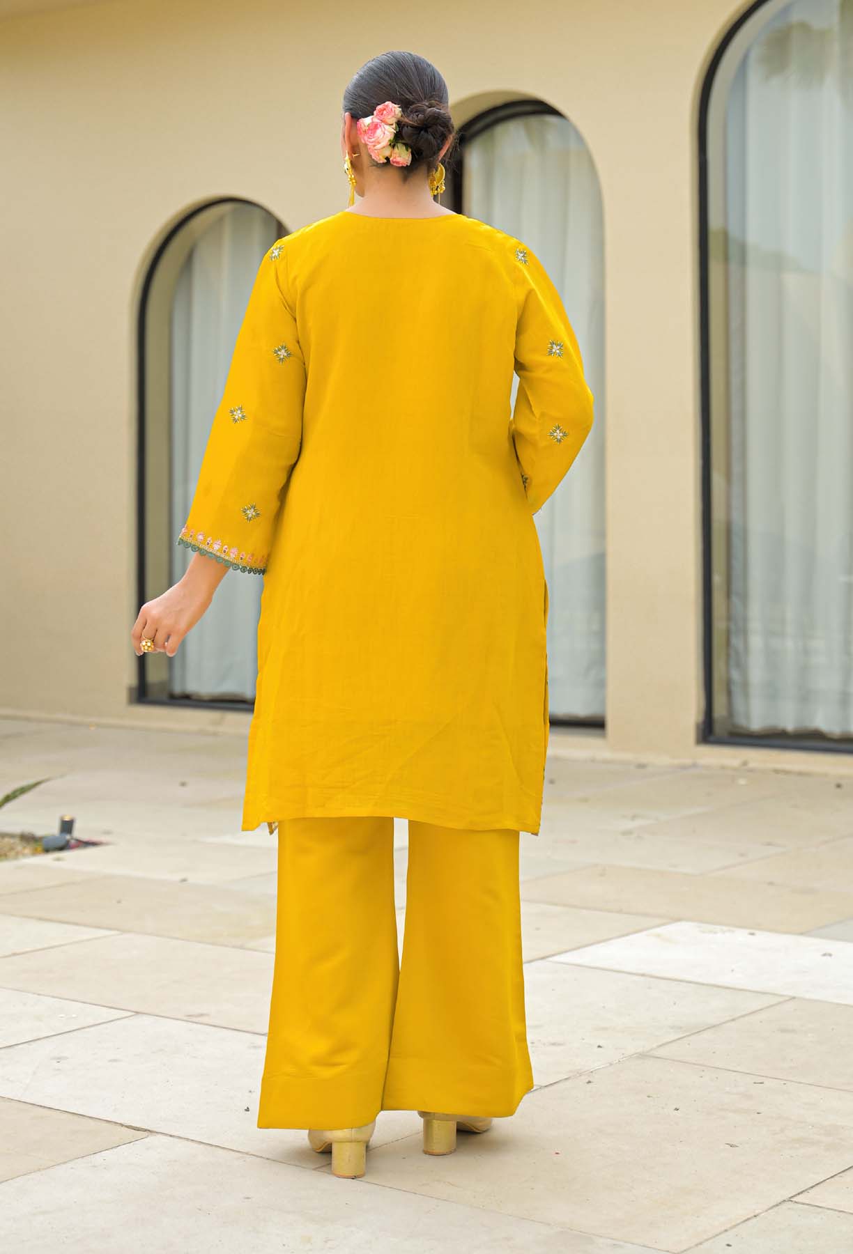 Yellow Mul Chanderi Embroidered Straight Cut Suit Set | Bairaas