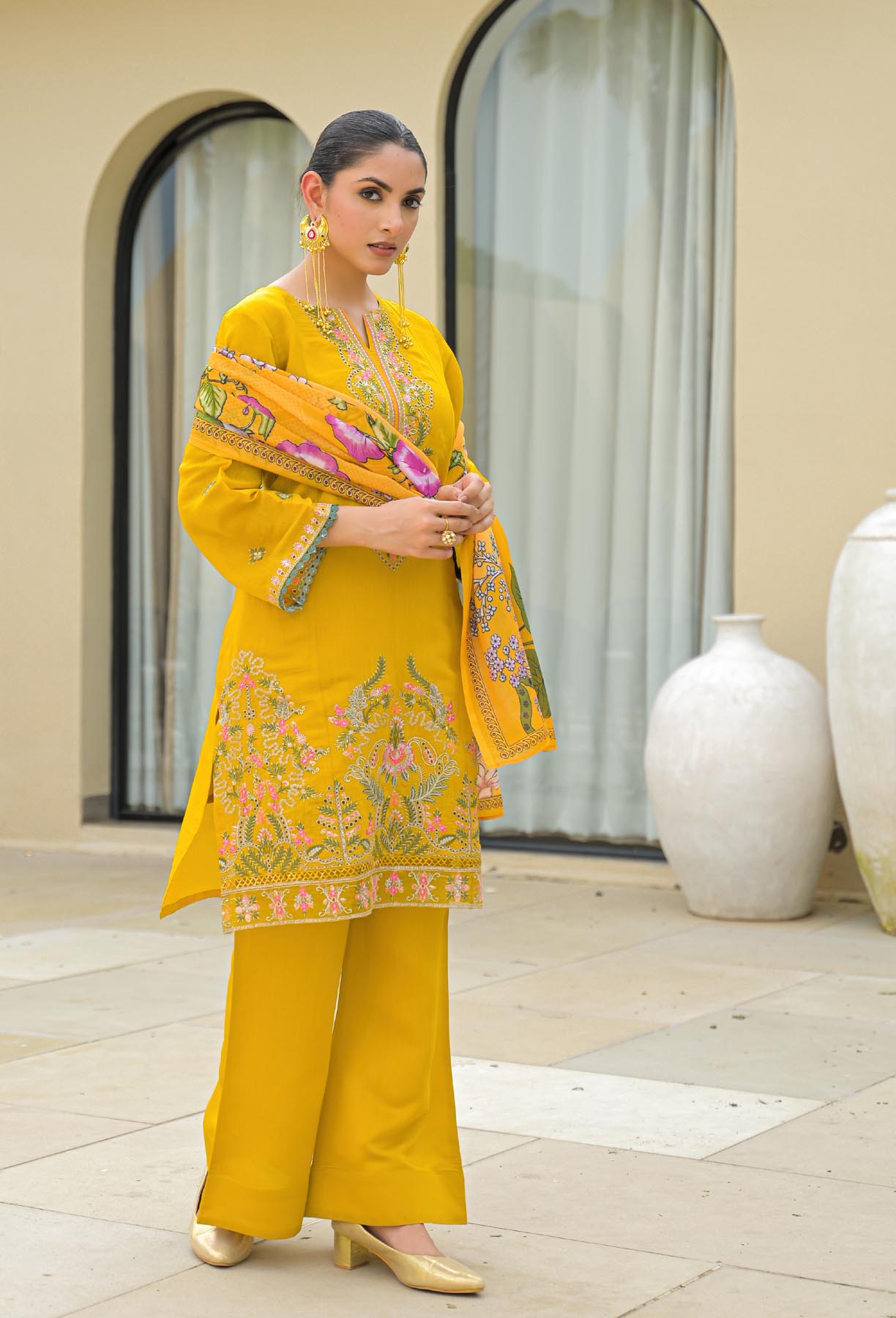 Yellow Mul Chanderi Embroidered Straight Cut Suit Set | Bairaas
