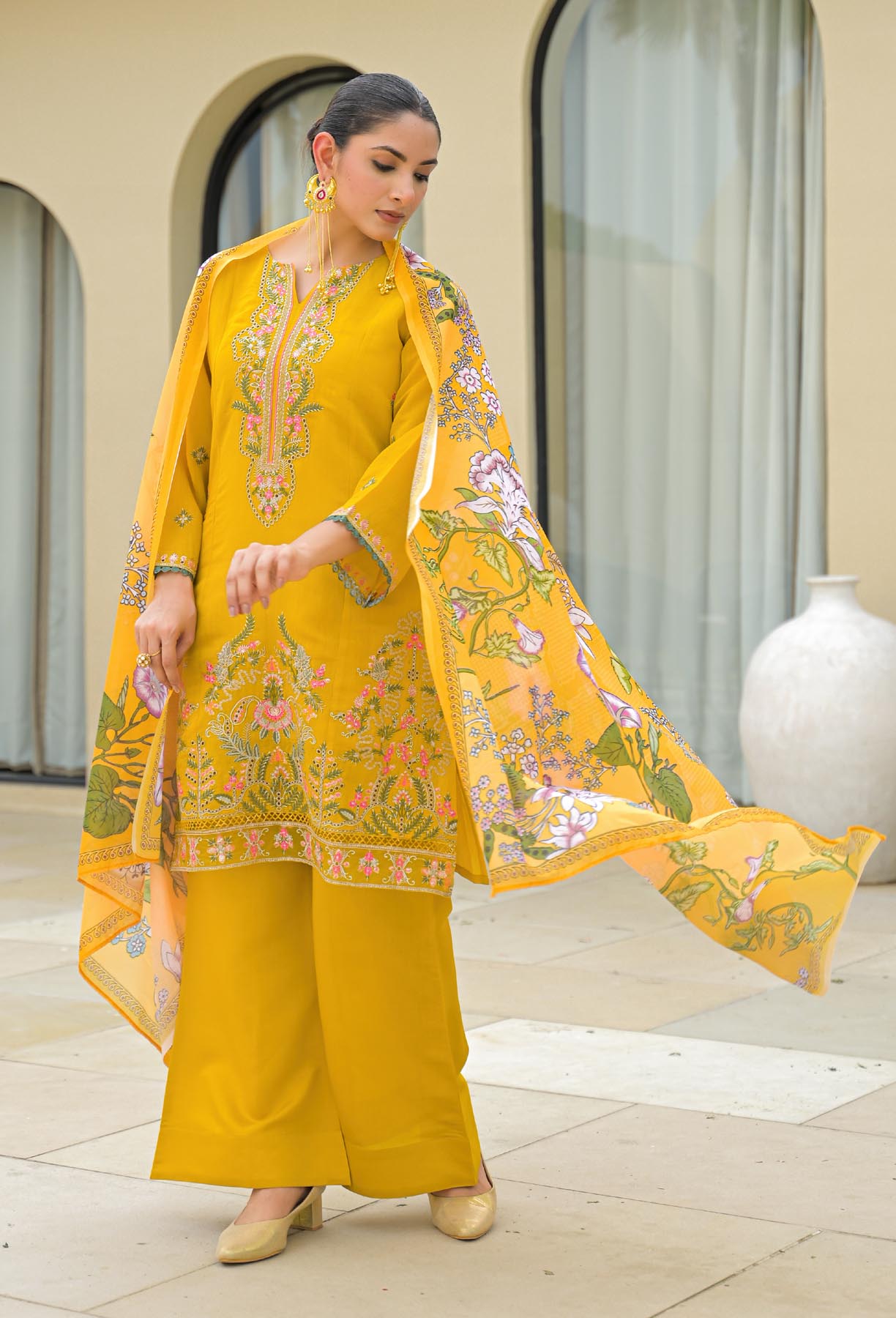 Yellow Mul Chanderi Embroidered Straight Cut Suit Set | Bairaas