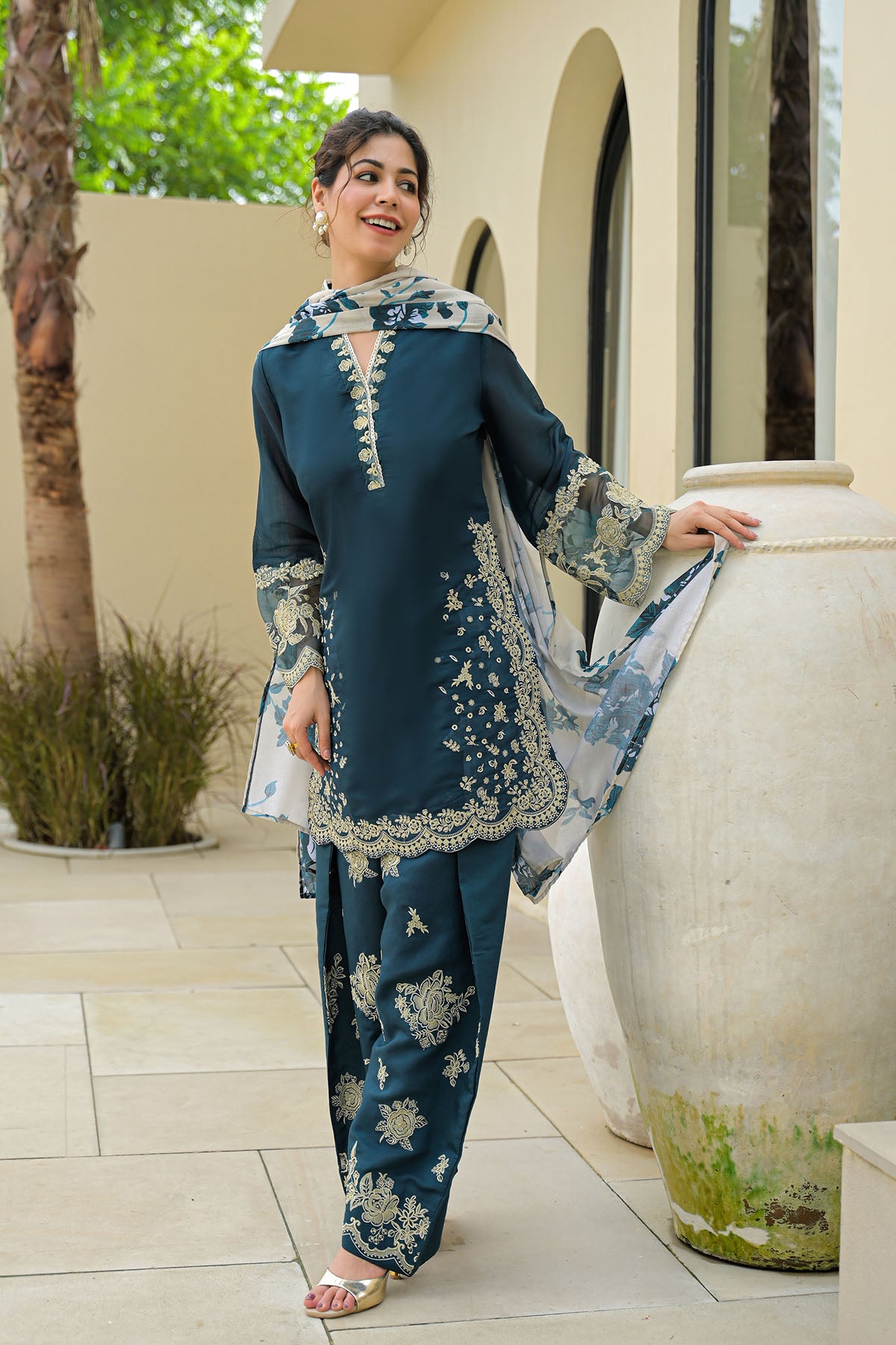 Blue Solid Chanderi Embroidered Farsi Salwar Set