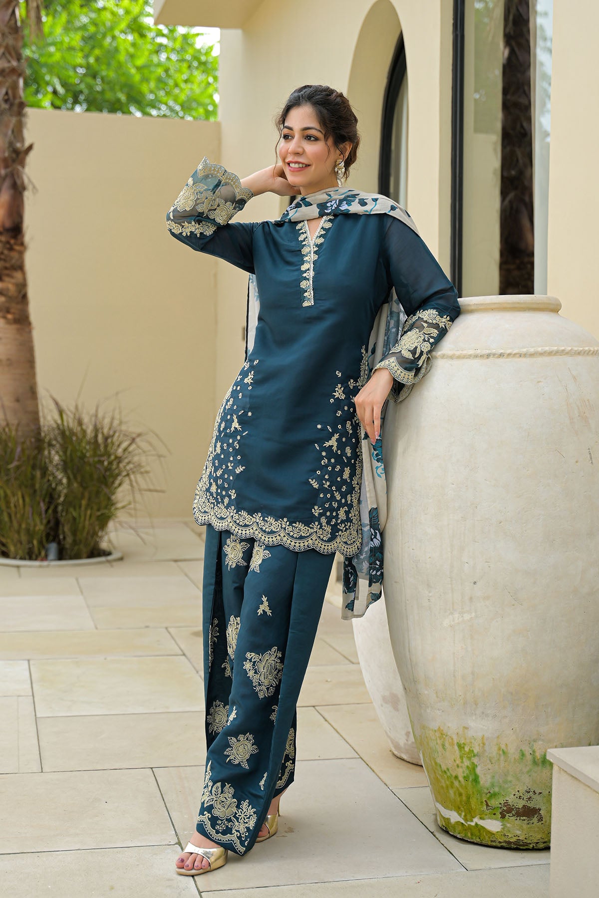 Blue Solid Chanderi Embroidered Farsi Salwar Set