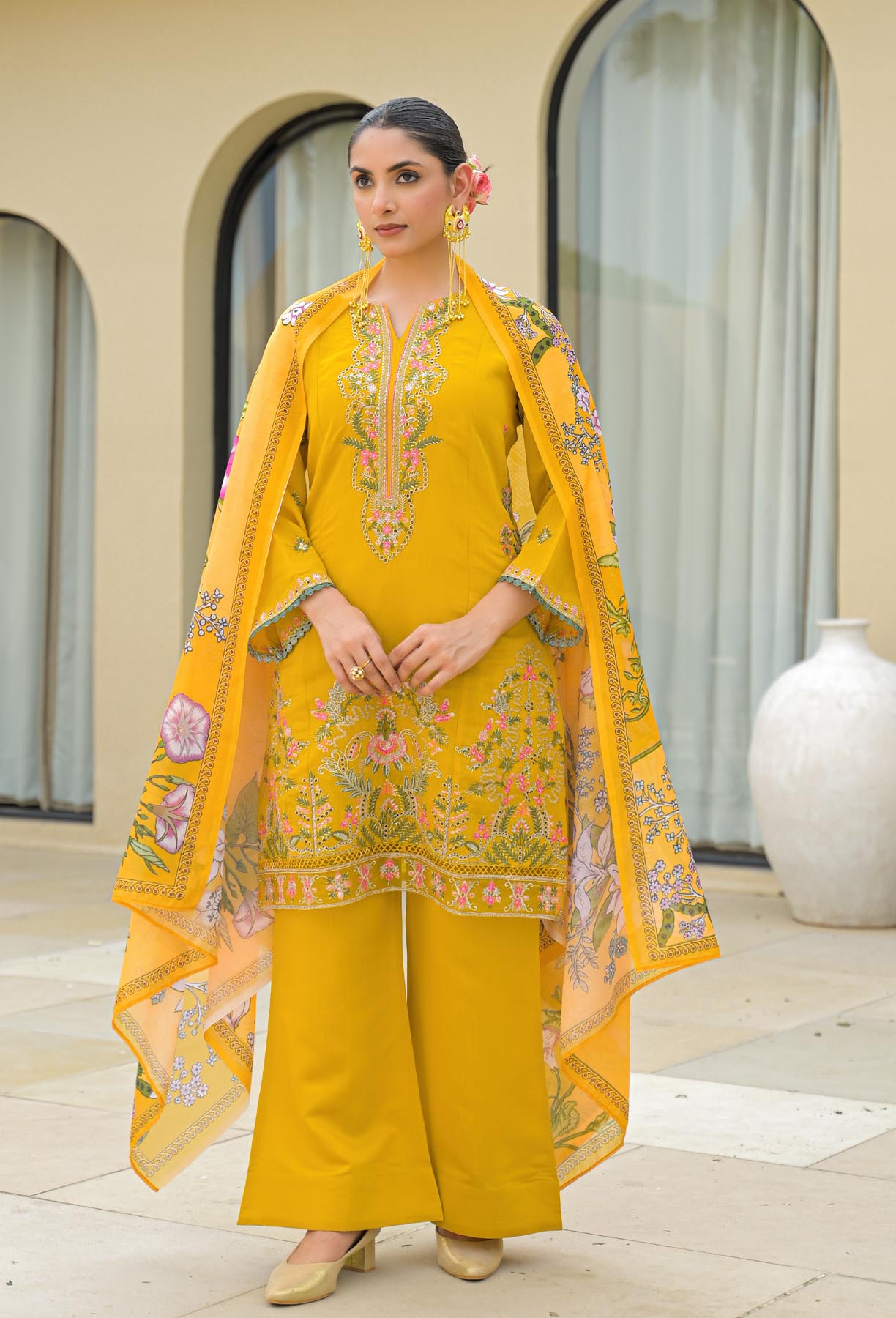 Yellow Mul Chanderi Embroidered Straight Cut Suit Set | Bairaas