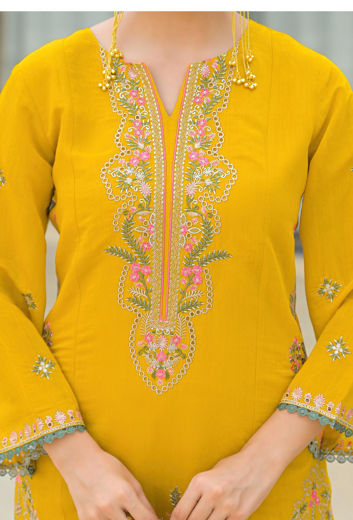 Yellow Mul Chanderi Embroidered Straight Cut Suit Set | Bairaas