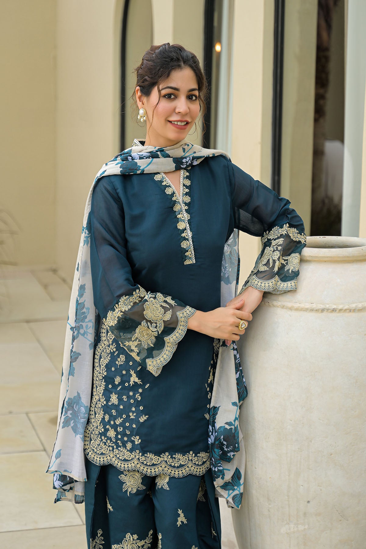 Blue Solid Chanderi Embroidered Farsi Salwar Set