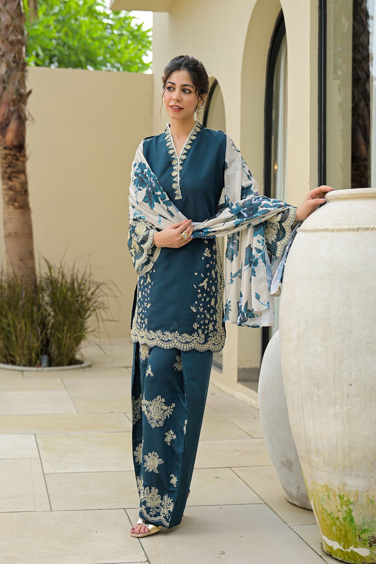 Blue Solid Chanderi Embroidered Farsi Salwar Set