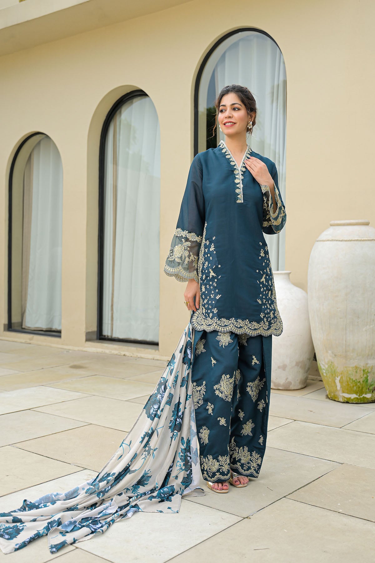 Blue Solid Chanderi Embroidered Farsi Salwar Set
