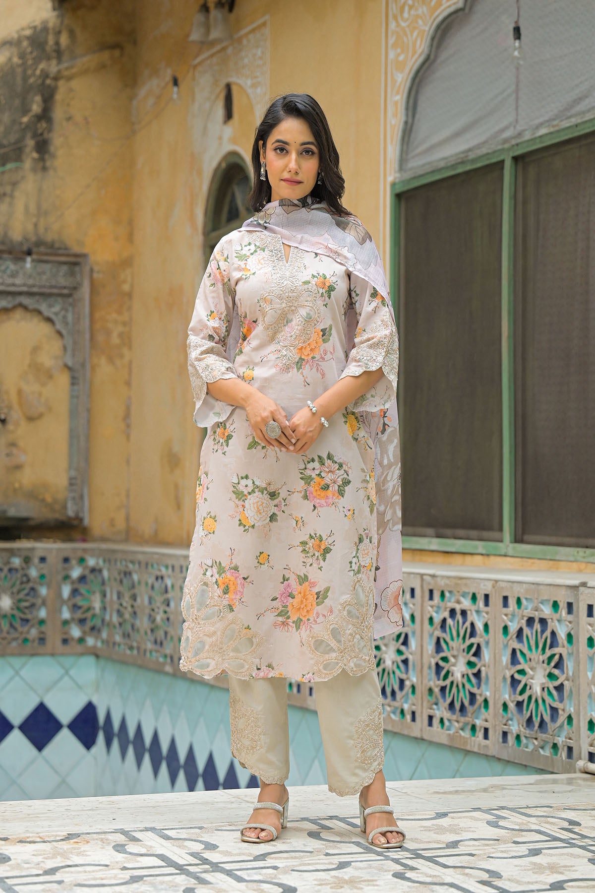 Beige Multicolor Cotton Straight-Cut Printed Suit