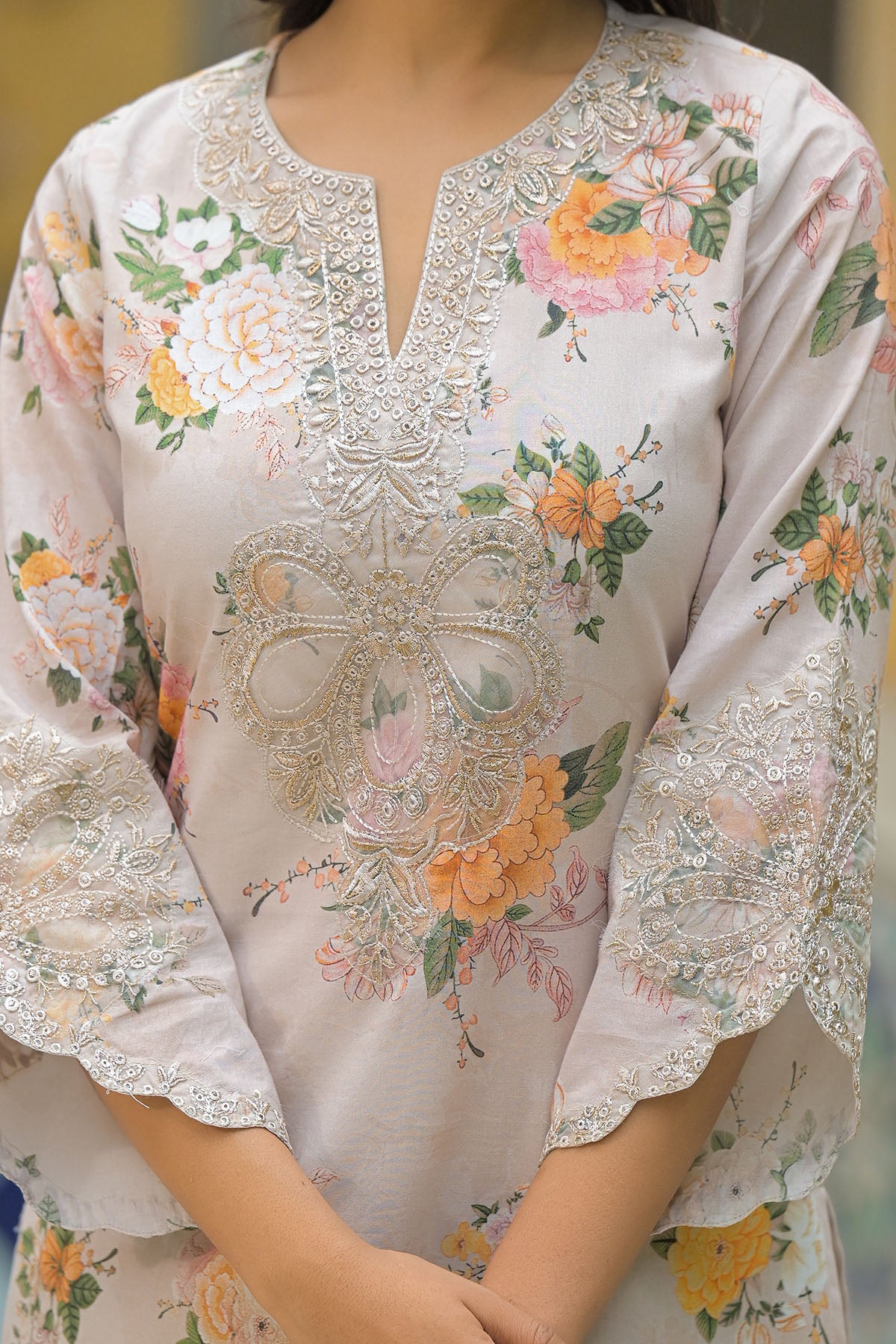 Beige Multicolor Cotton Straight-Cut Printed Suit