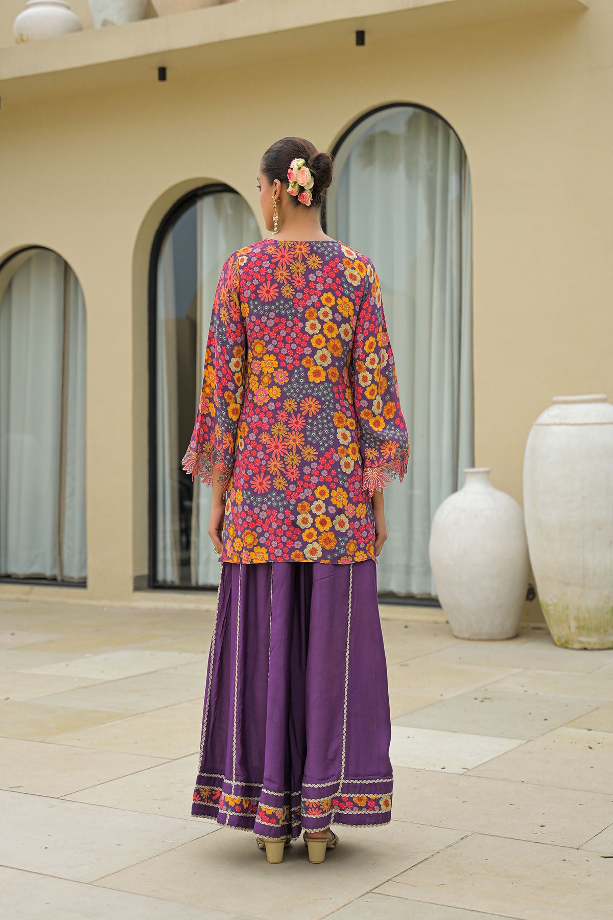 Purple Crepe Embroidered Sharara Set