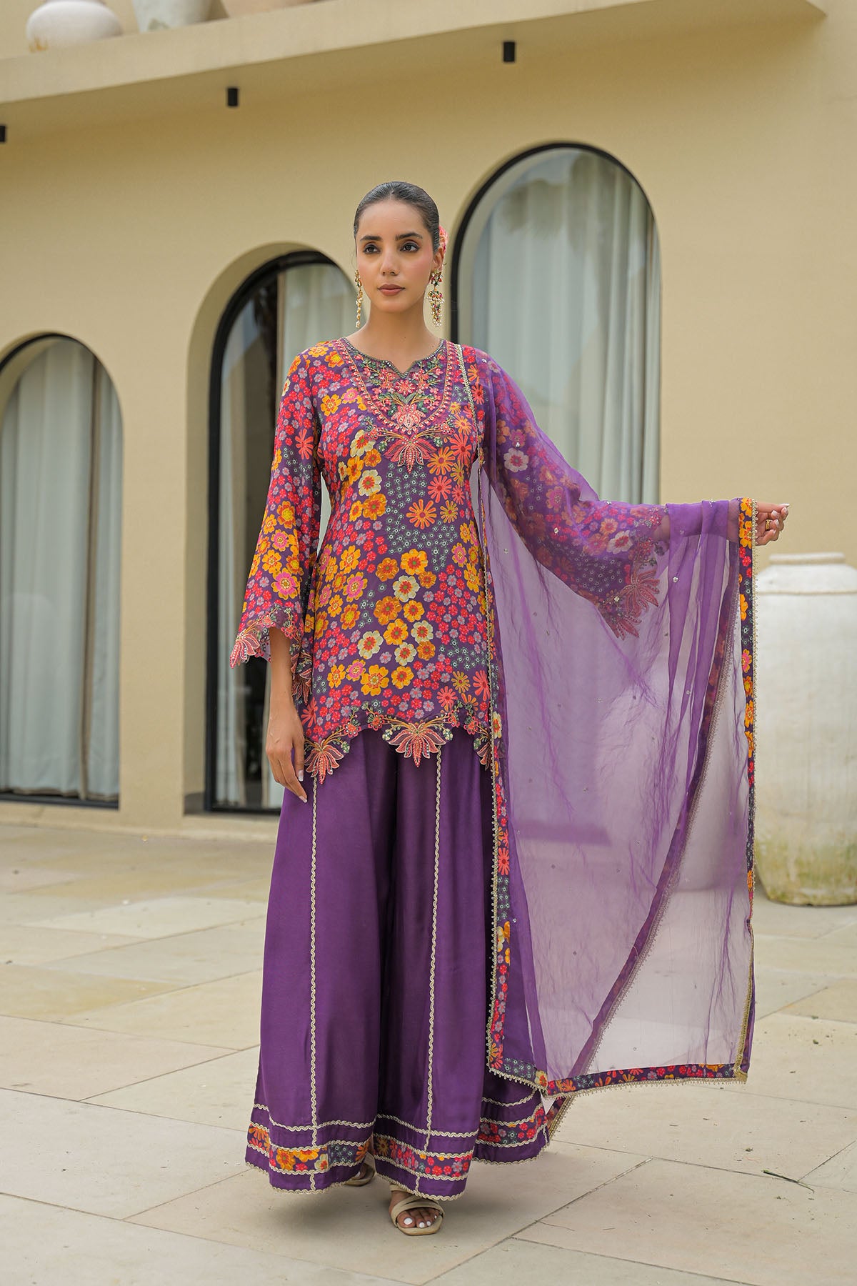 Purple Crepe Embroidered Sharara Set