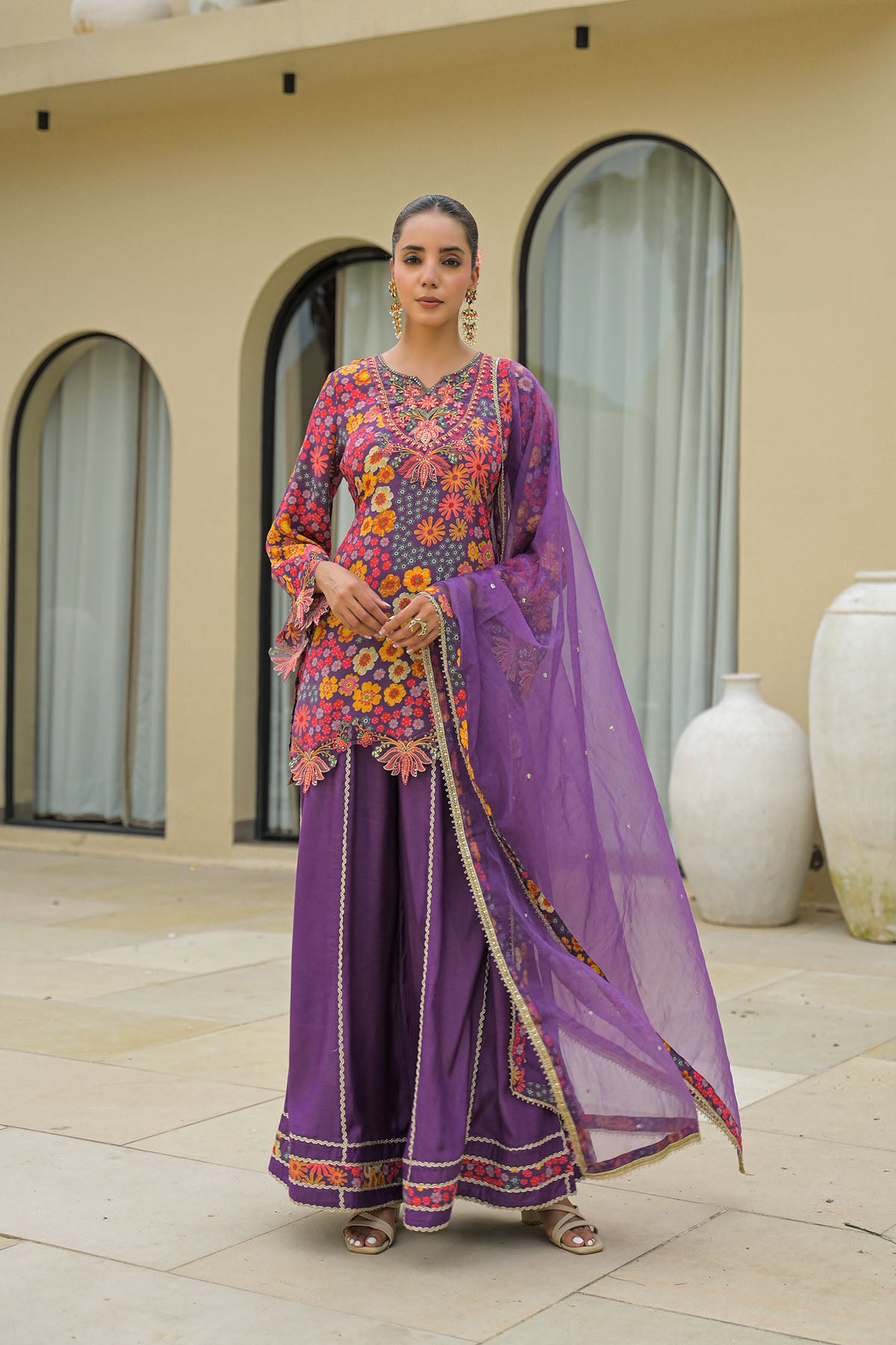 Purple Crepe Embroidered Sharara Set