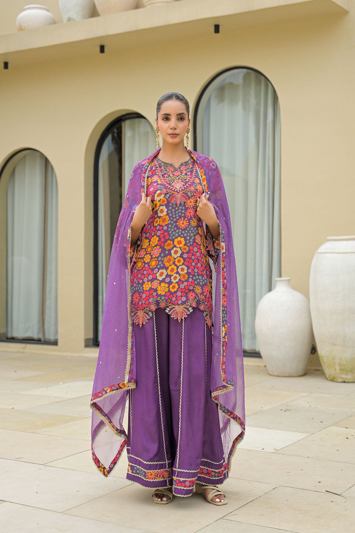 Purple Crepe Embroidered Sharara Set