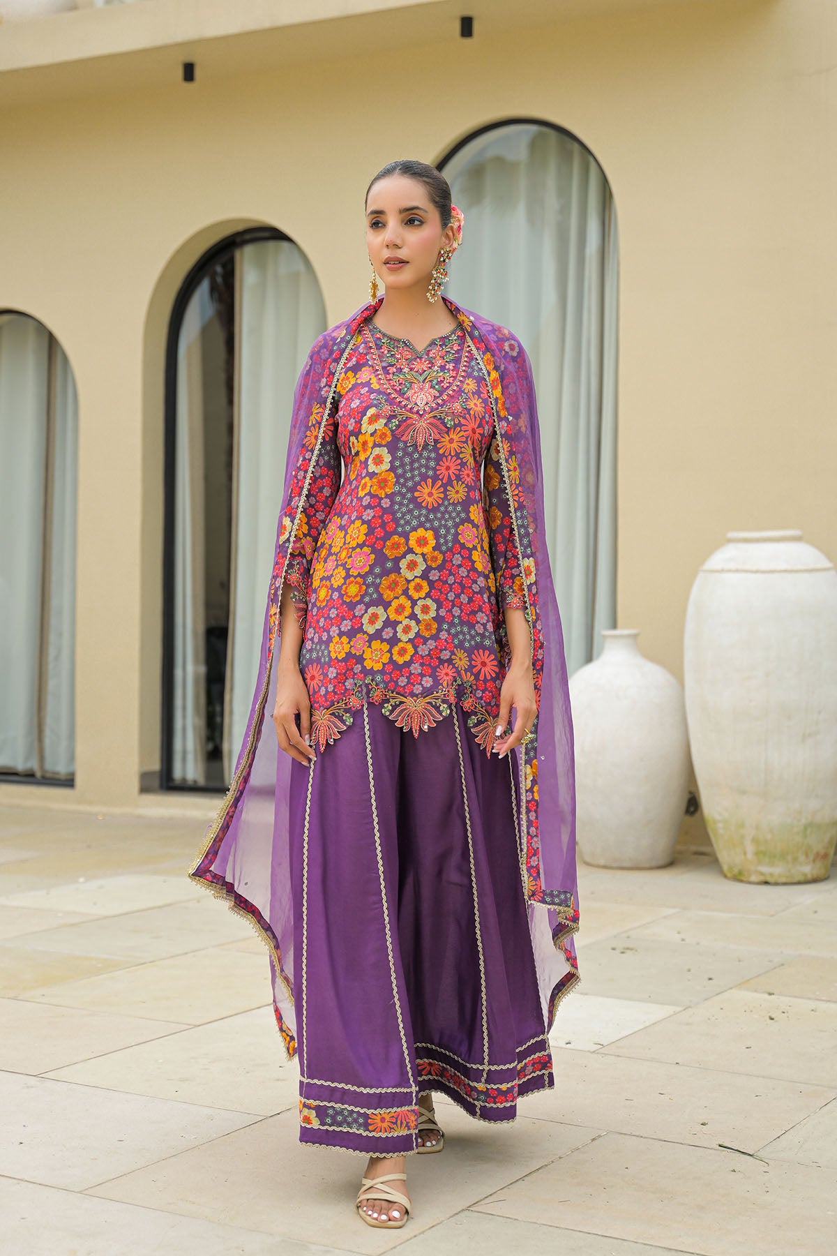Purple Crepe Embroidered Sharara Set