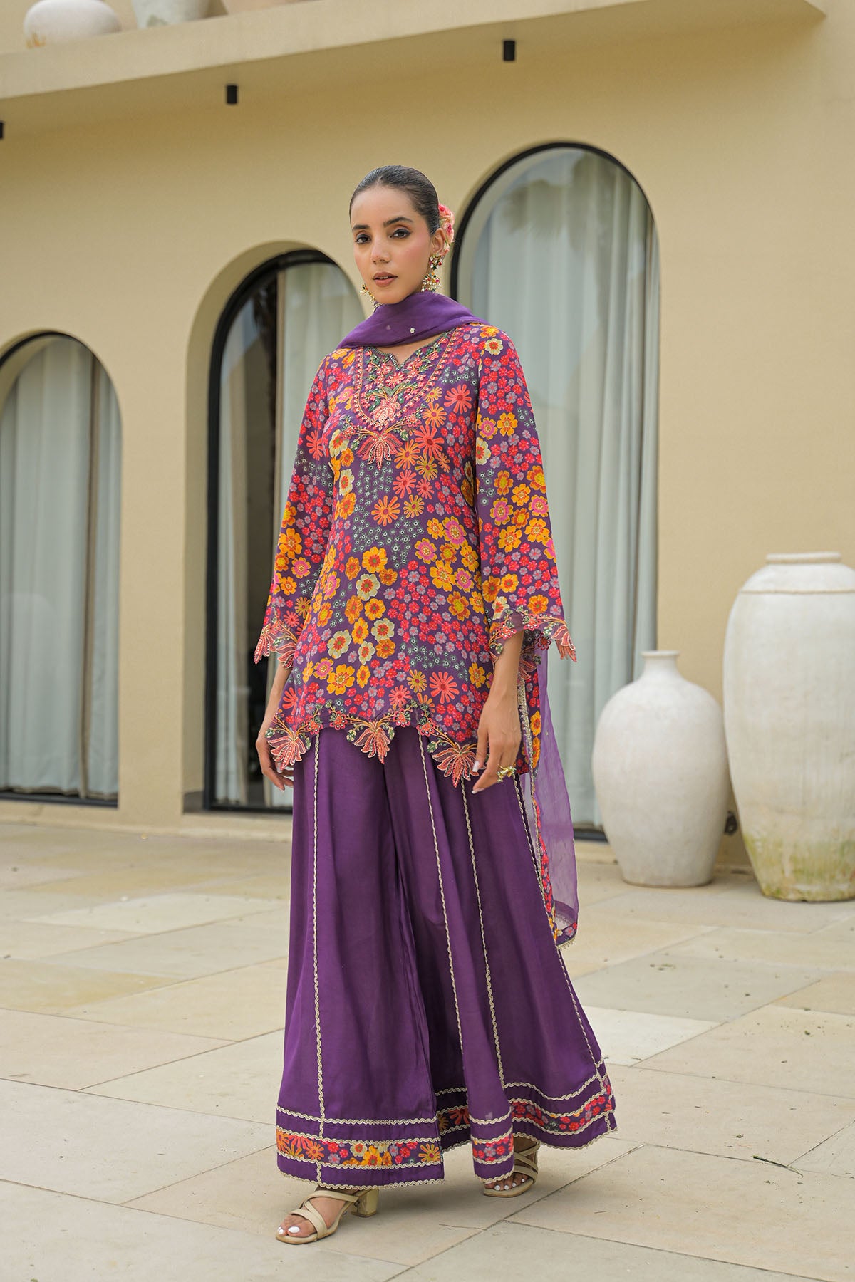 Purple Crepe Embroidered Sharara Set