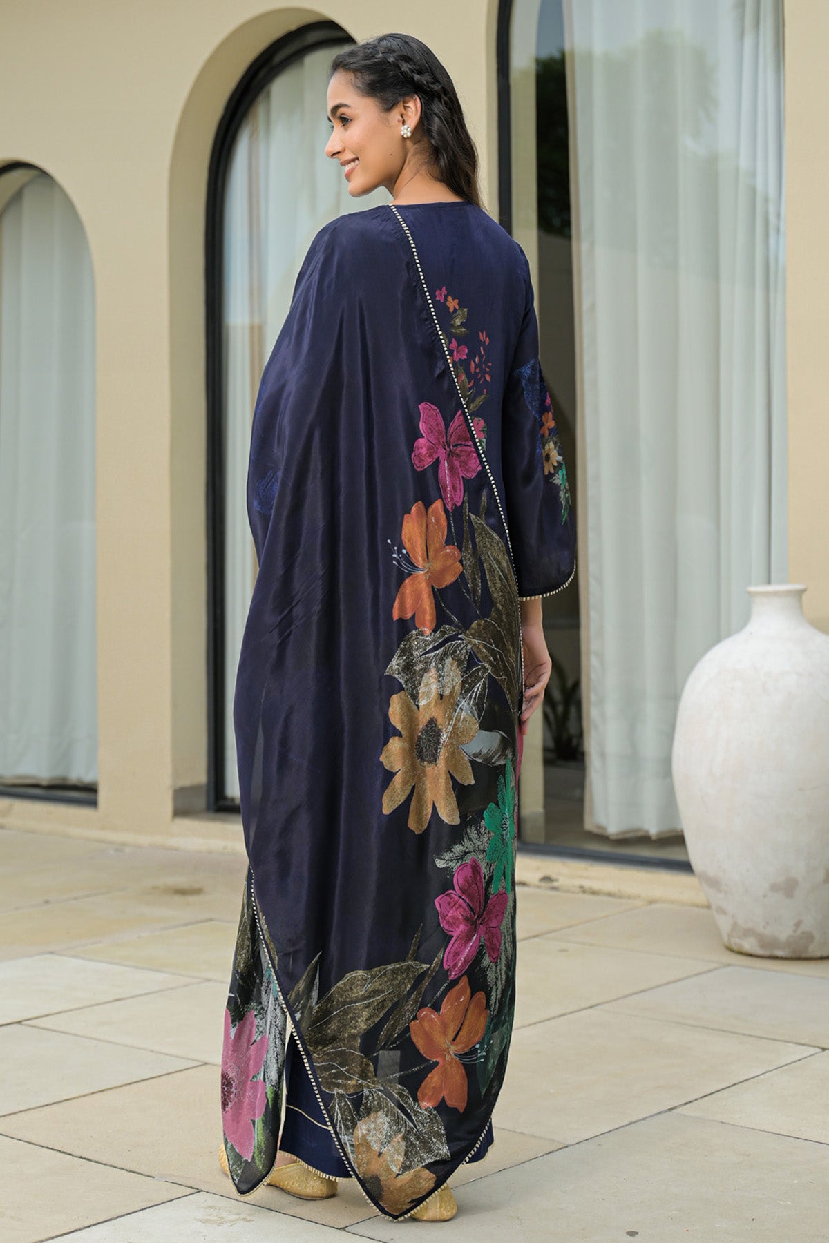 Navy Blue Viscose Crepe Embroidered Suit Set