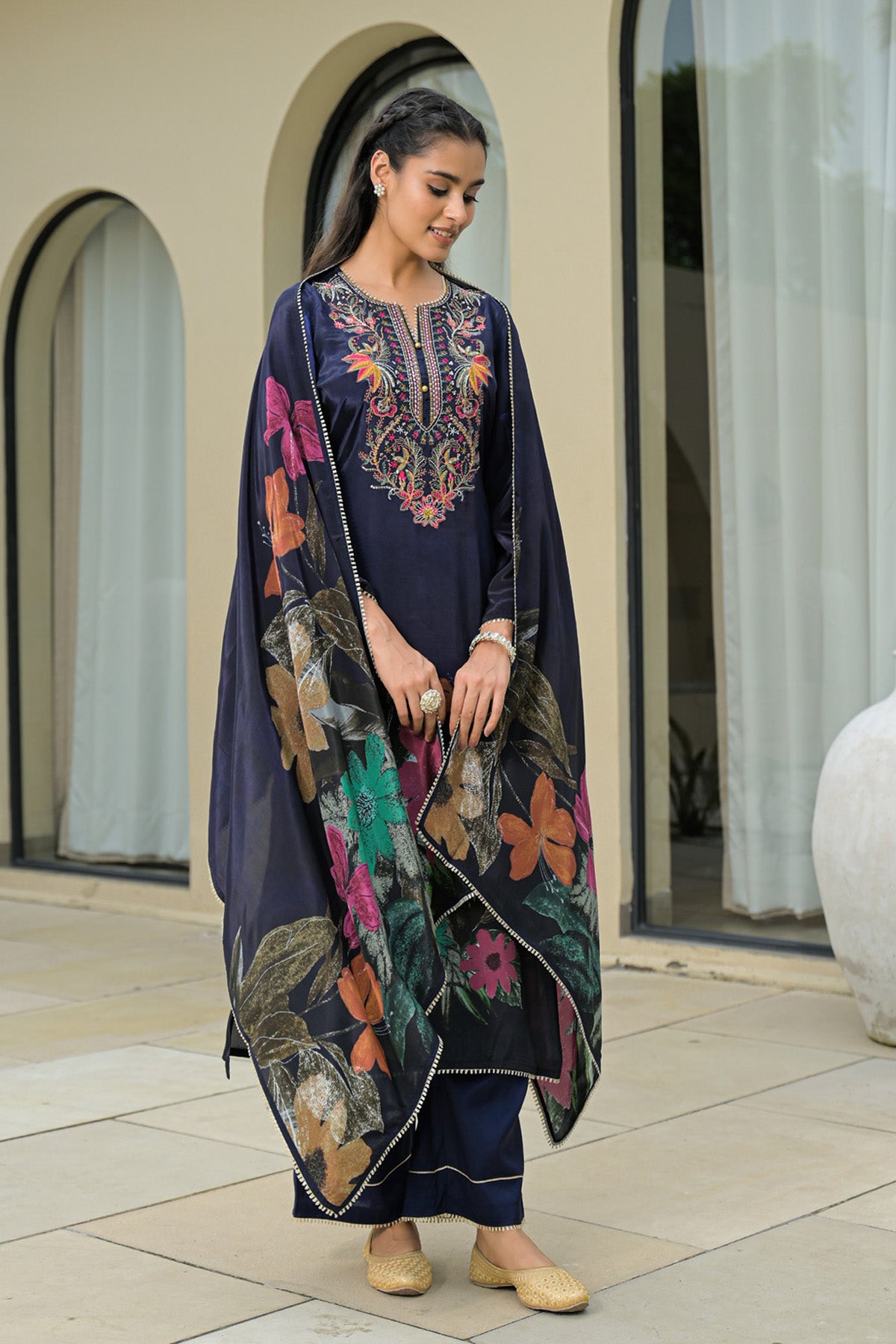 Navy Blue Viscose Crepe Embroidered Suit Set