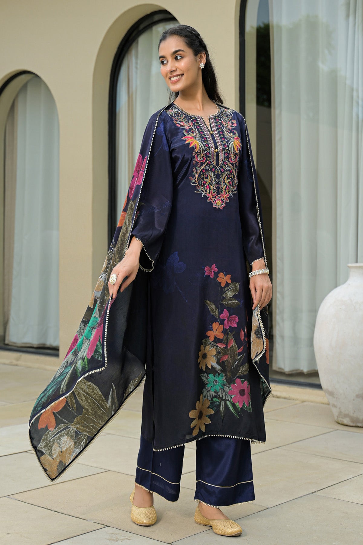 Navy Blue Viscose Crepe Embroidered Suit Set