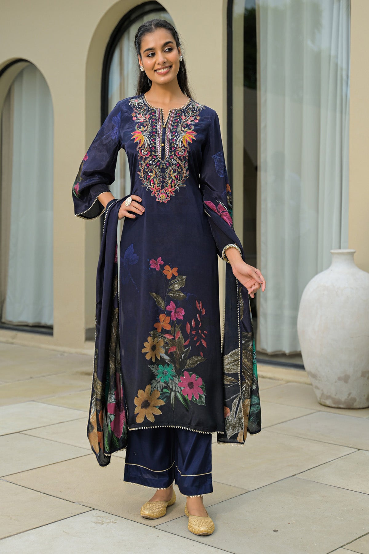 Navy Blue Viscose Crepe Embroidered Suit Set