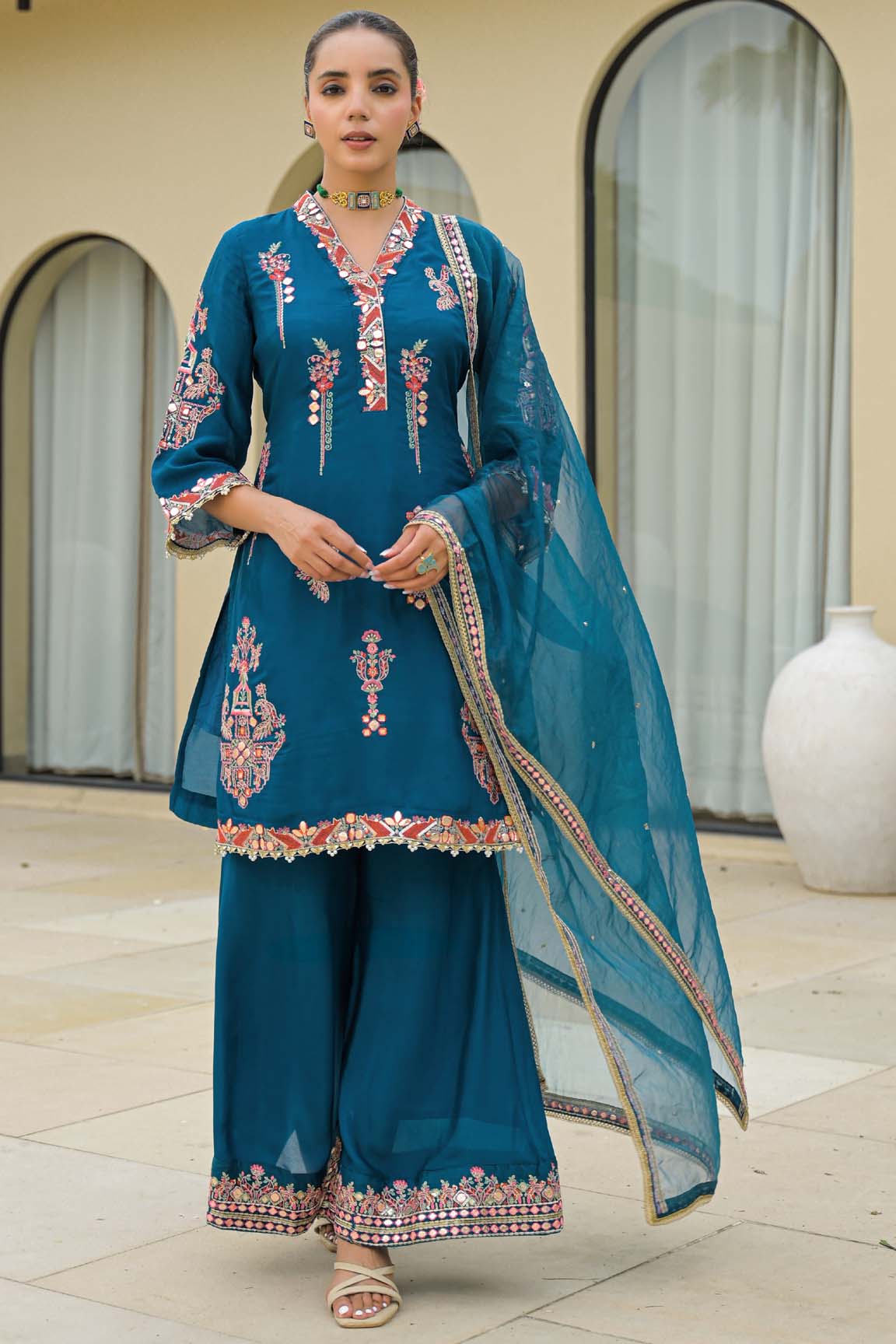 Blue Chinon Embroidered Sharara Set | Bairaas