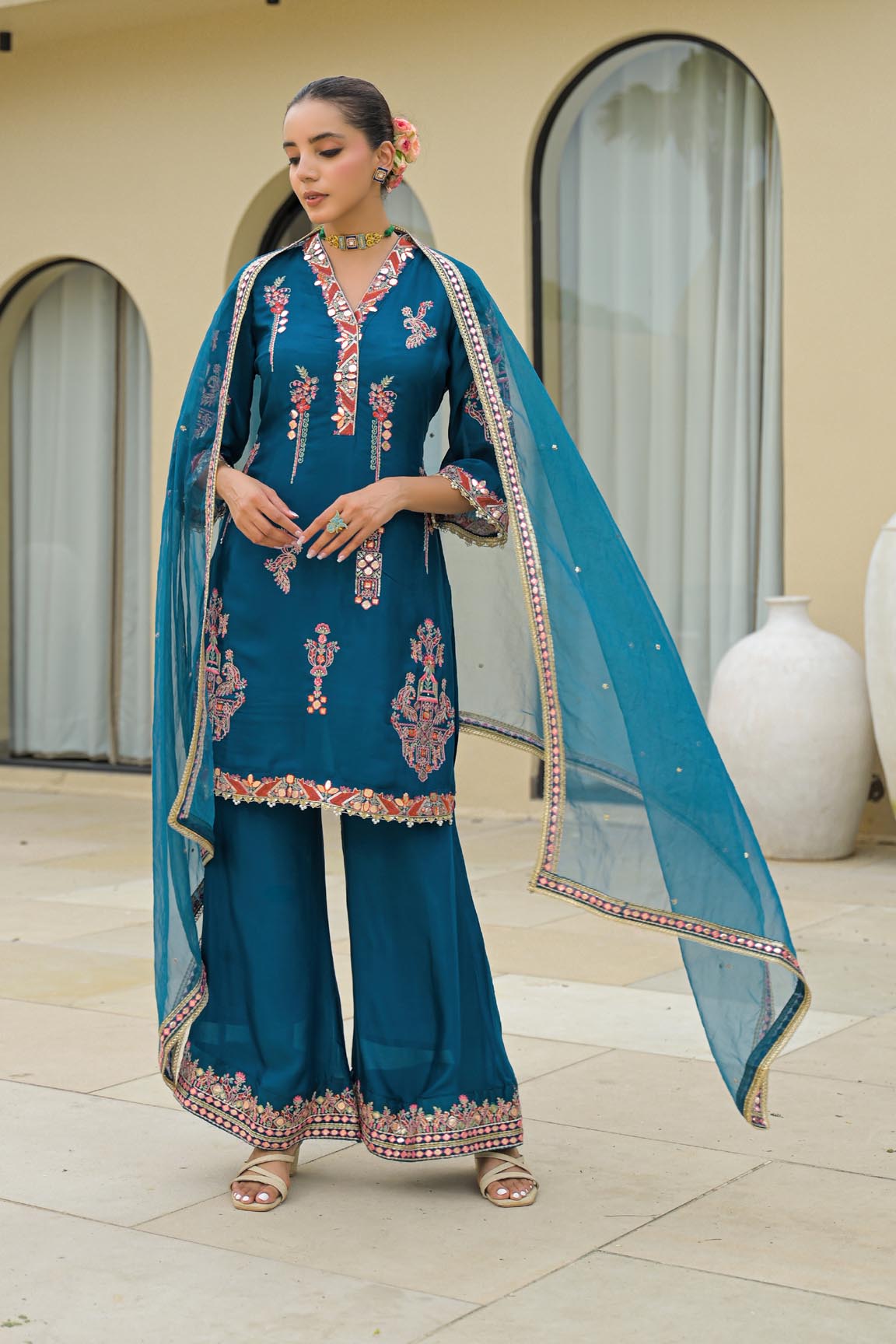 Blue Chinon Embroidered Sharara Set