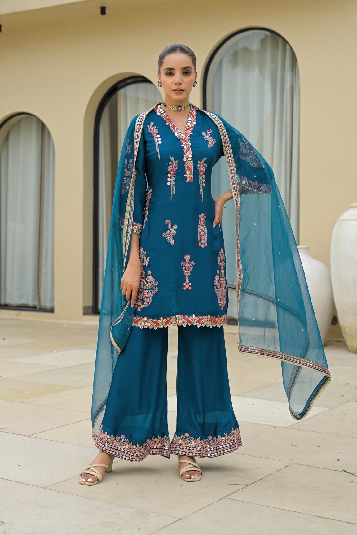 Blue Chinon Embroidered Sharara Set