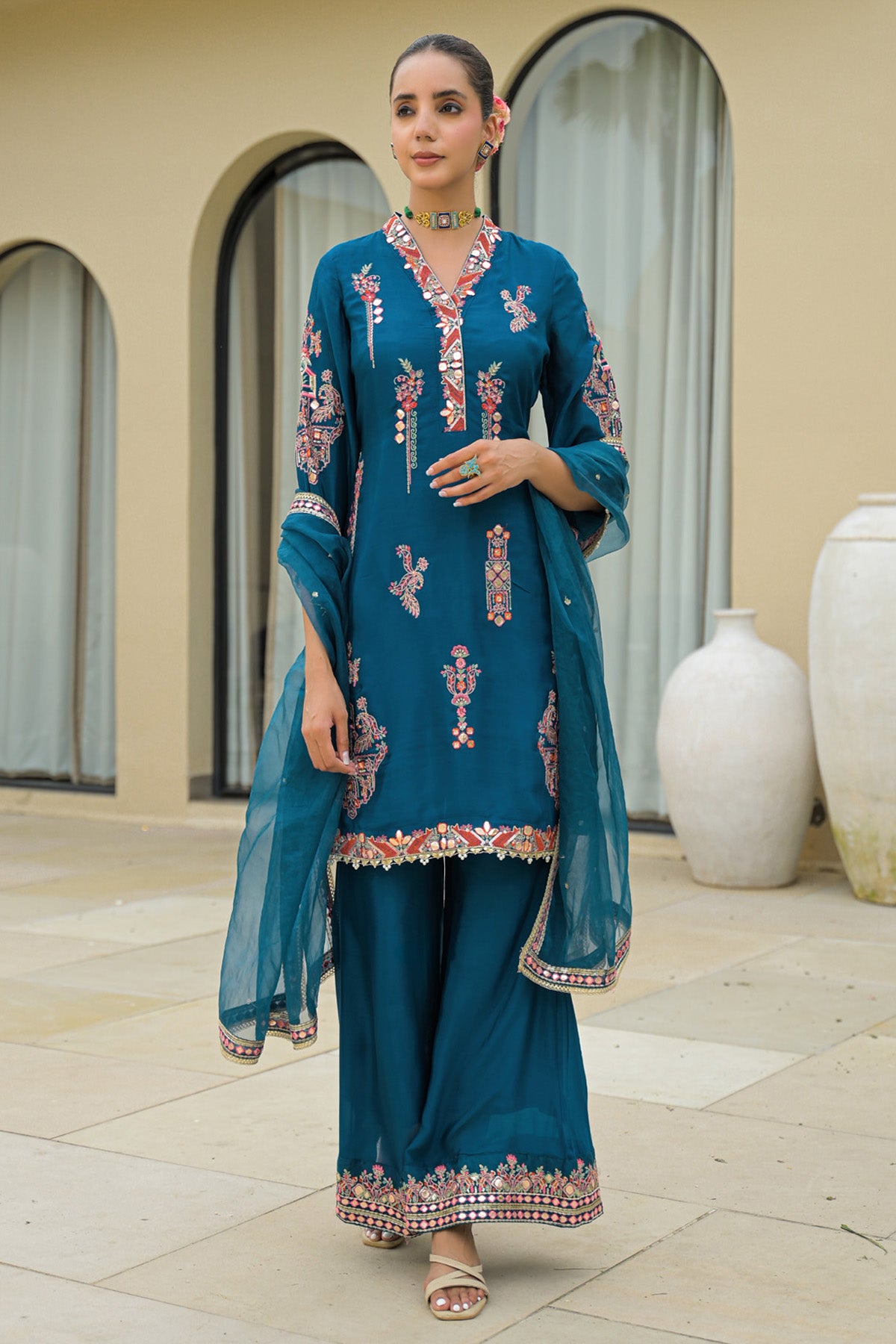 Blue Chinon Handwork Suit Set