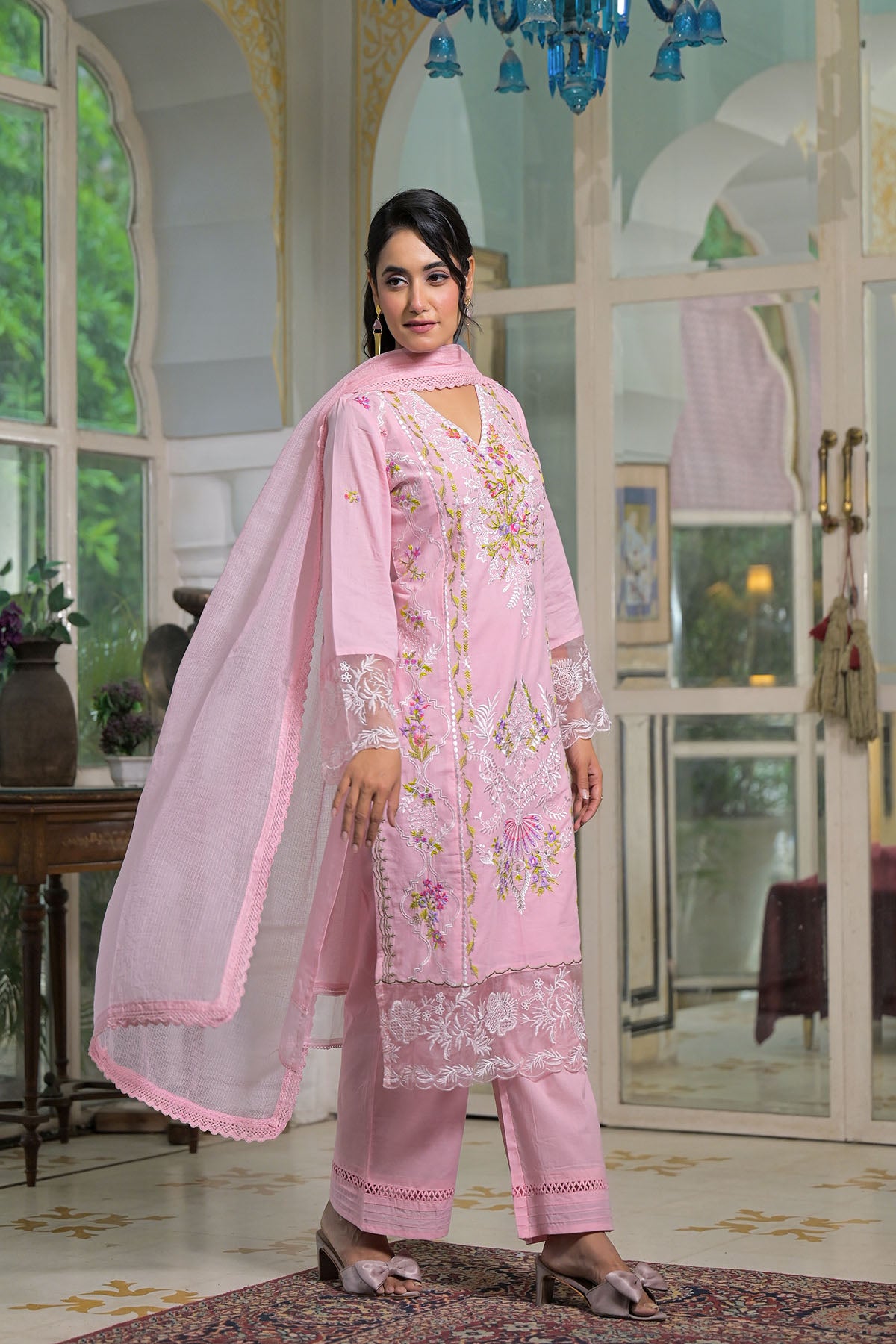 Pink Cotton Embroidered Straight Pakistani Suit