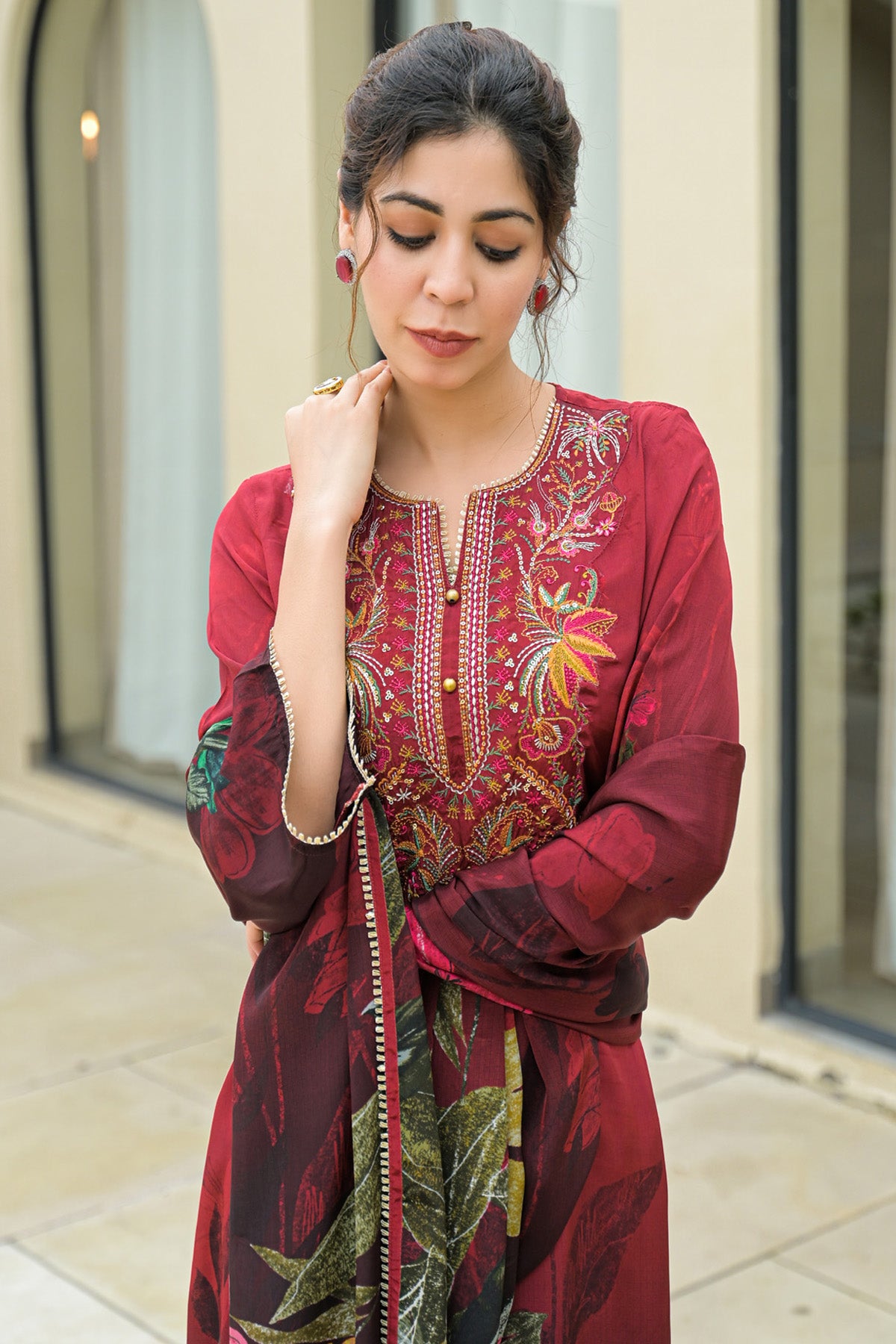 Maroon Viscose Crepe Handwork Suit Set