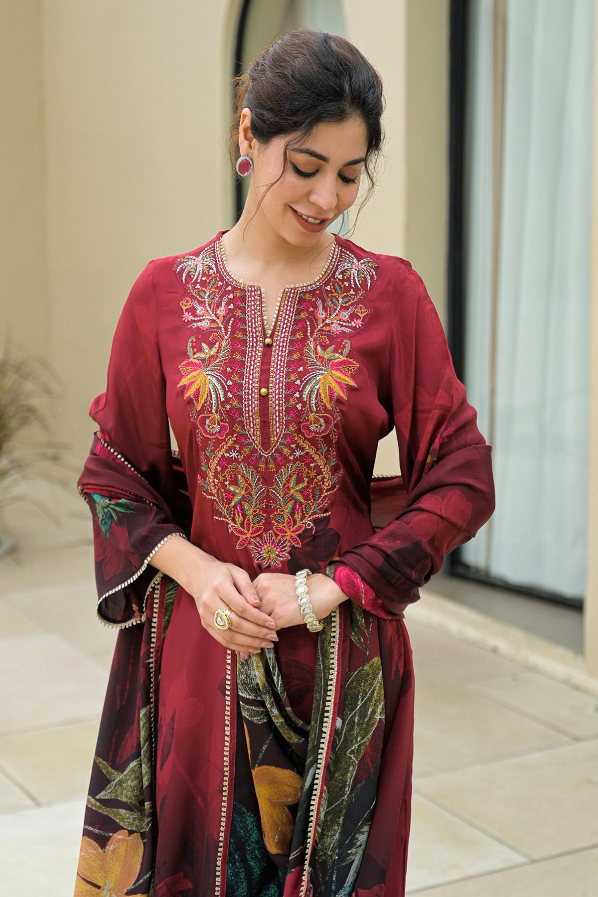 Maroon Viscose Crepe Handwork Suit Set