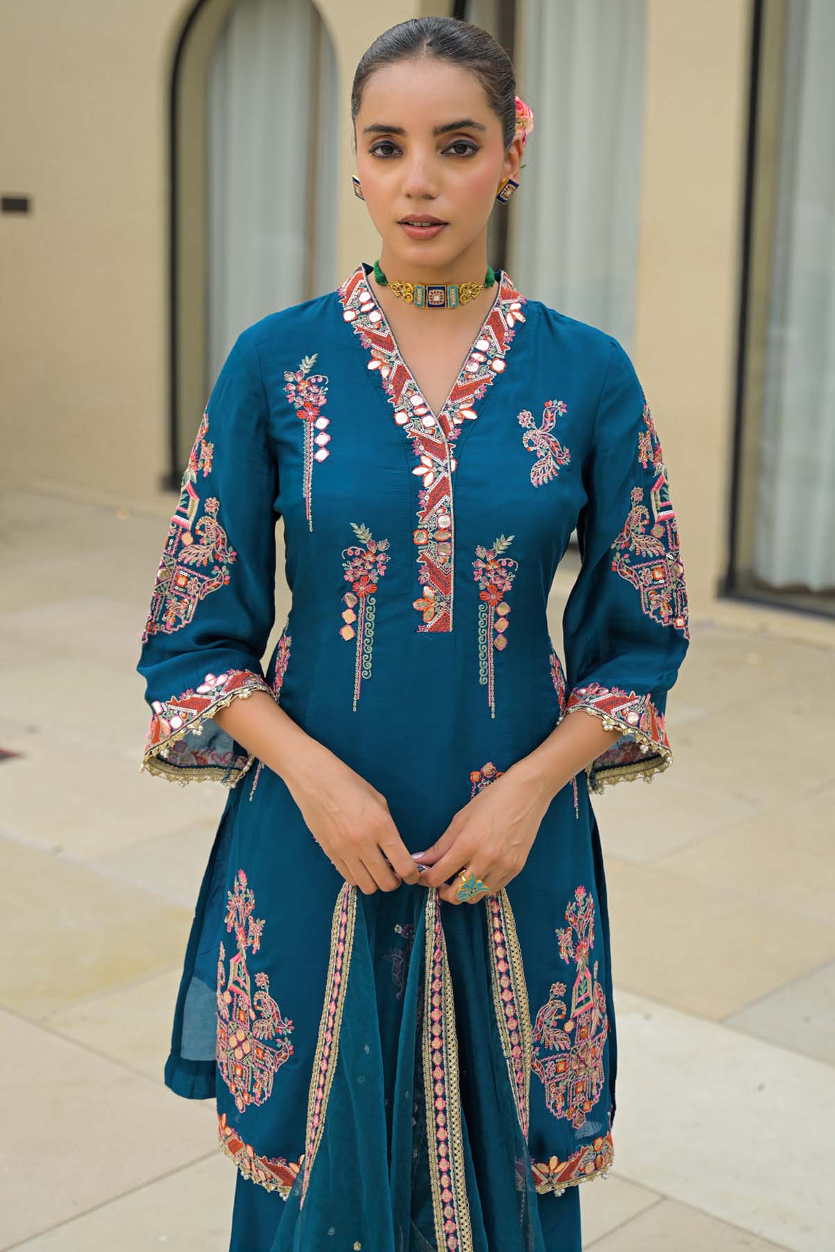 Blue Chinon Embroidered Sharara Set