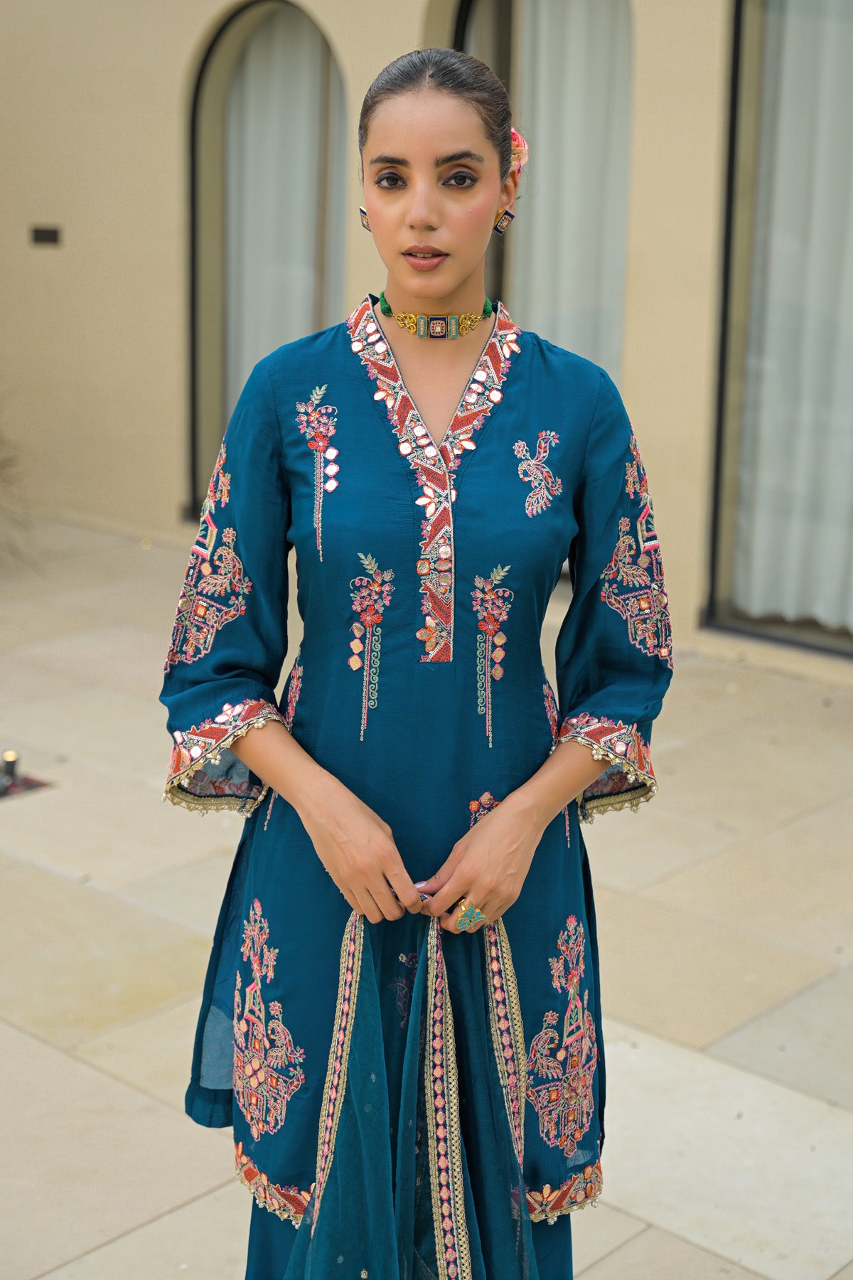 Blue Chinon Handwork Suit Set