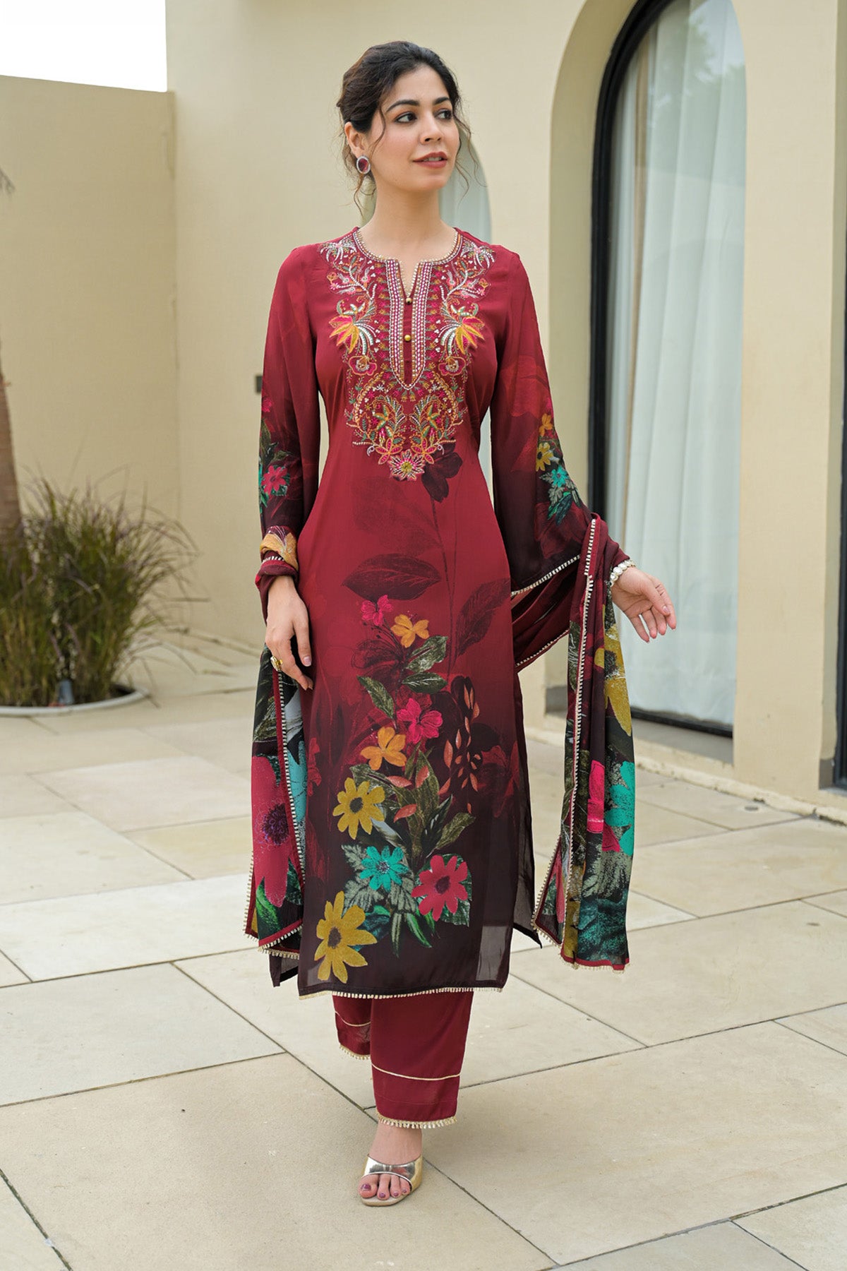 Maroon Viscose Crepe Handwork Suit Set
