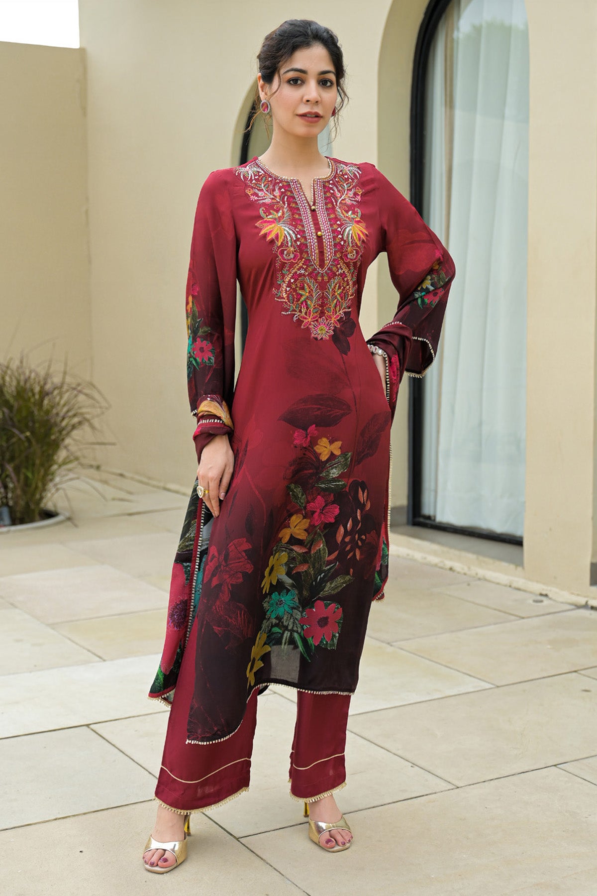 Maroon Viscose Crepe Handwork Suit Set