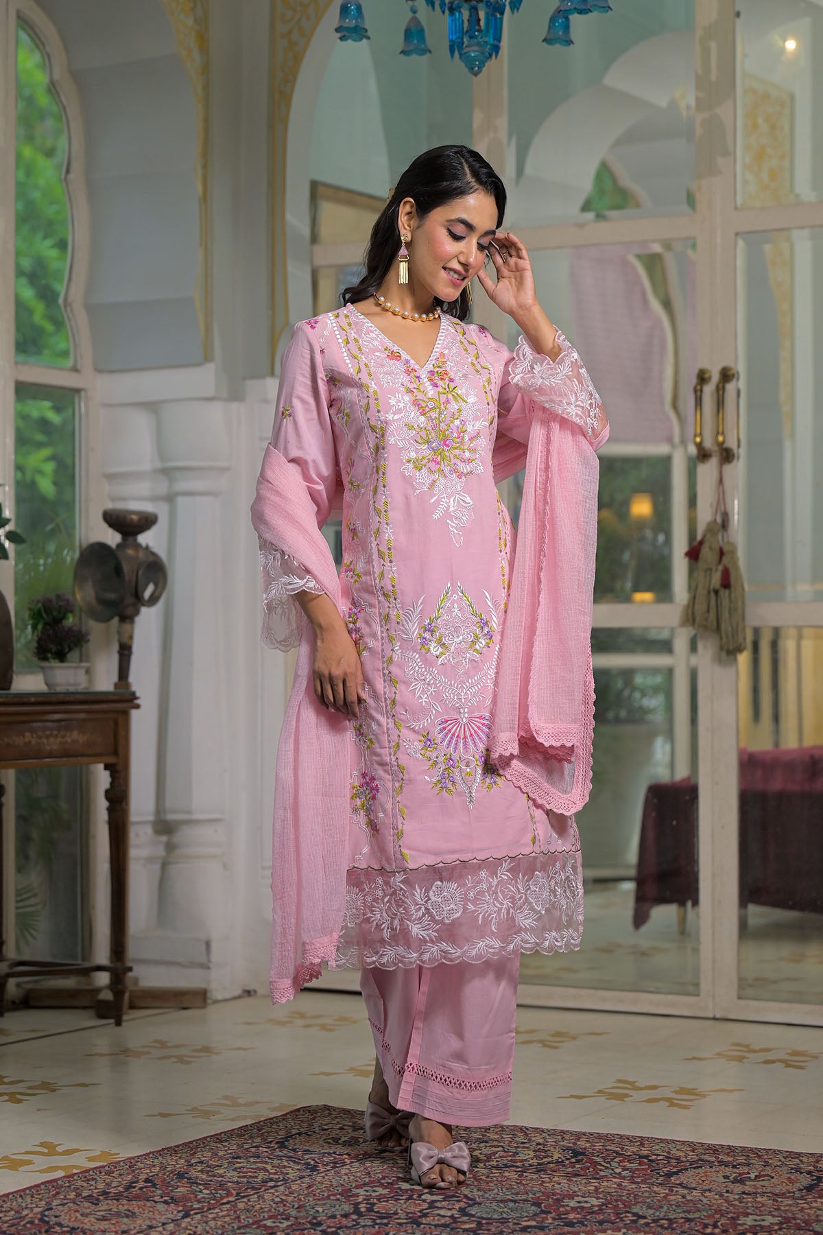 Pink Cotton Embroidered Straight Pakistani Suit