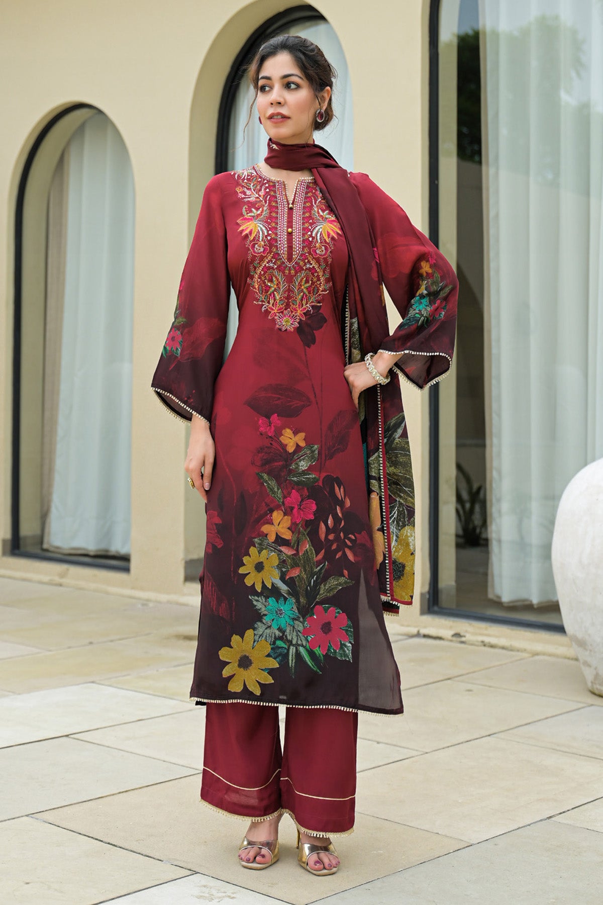 Maroon Viscose Crepe Handwork Suit Set