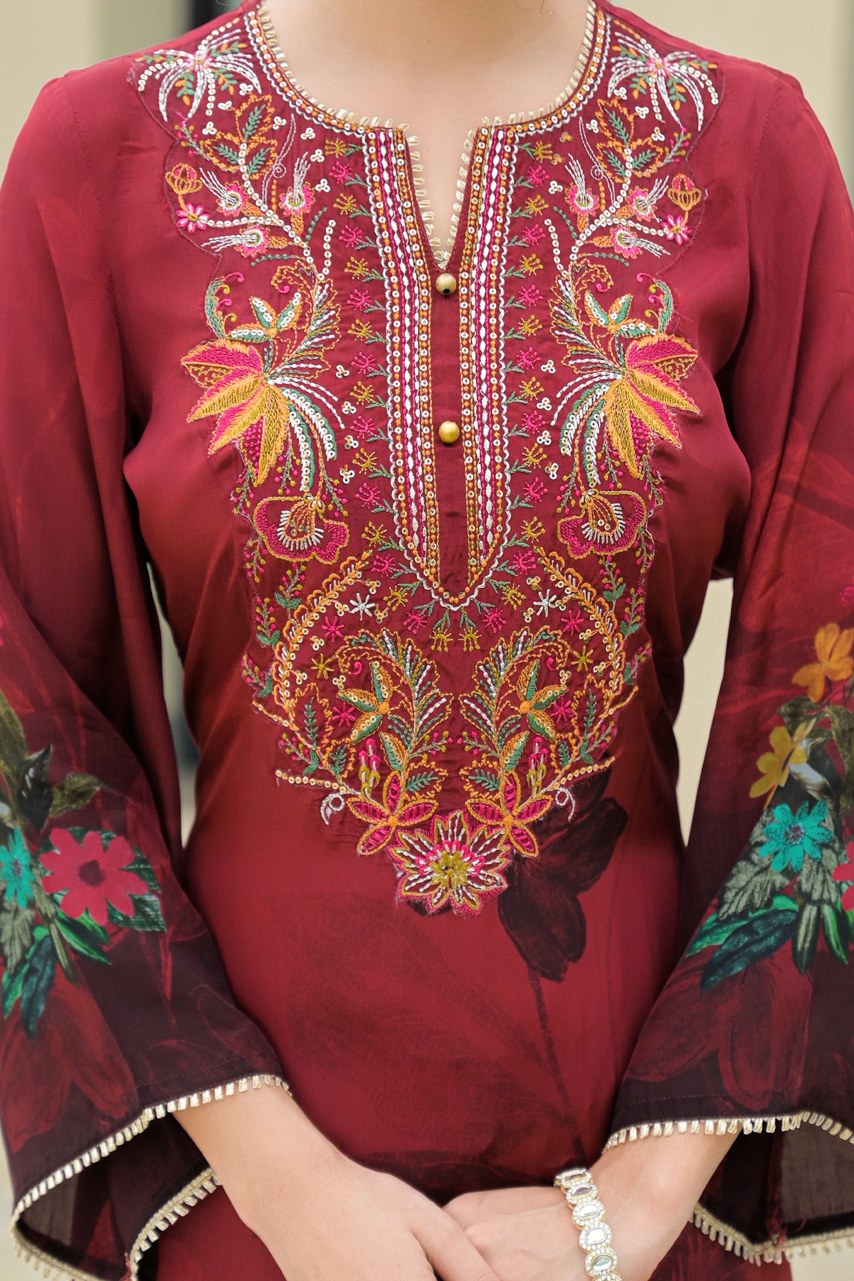 Maroon Viscose Crepe Handwork Suit Set