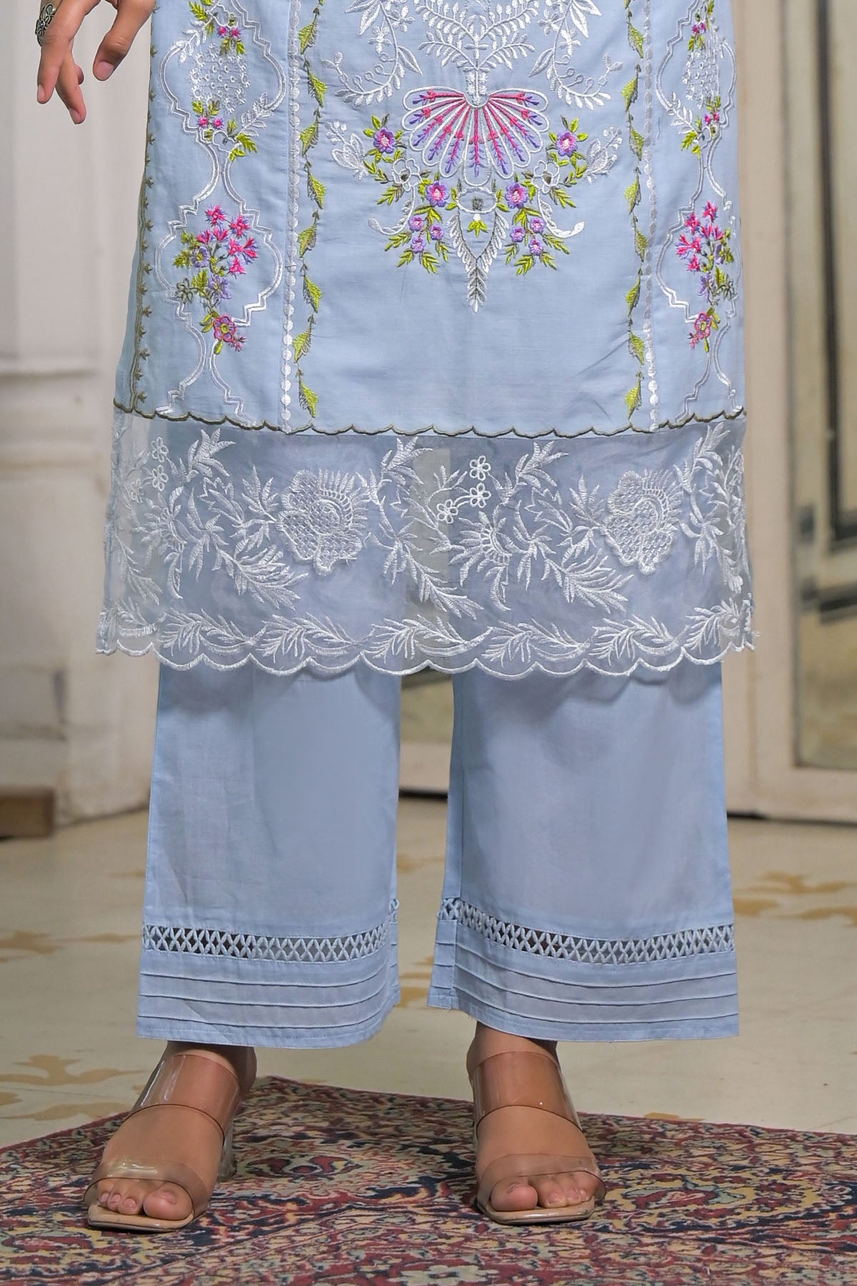 Blue Cotton Embroidered Straight Pakistani Suit