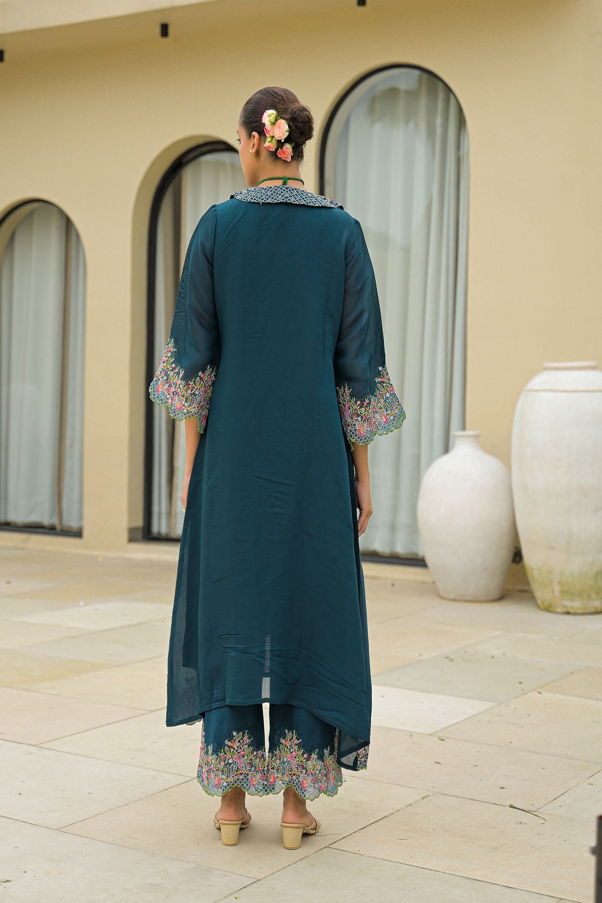 Turquoise Mul Chanderi Embroidered Shrug Set