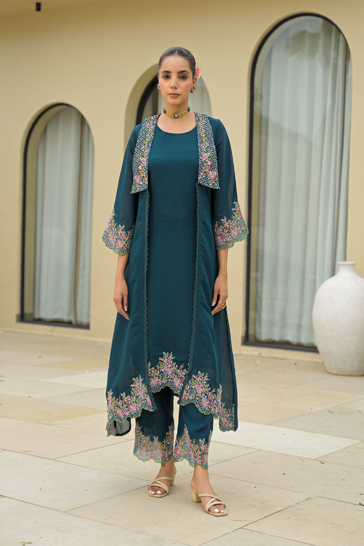 Turquoise Mul Chanderi Embroidered Shrug Set
