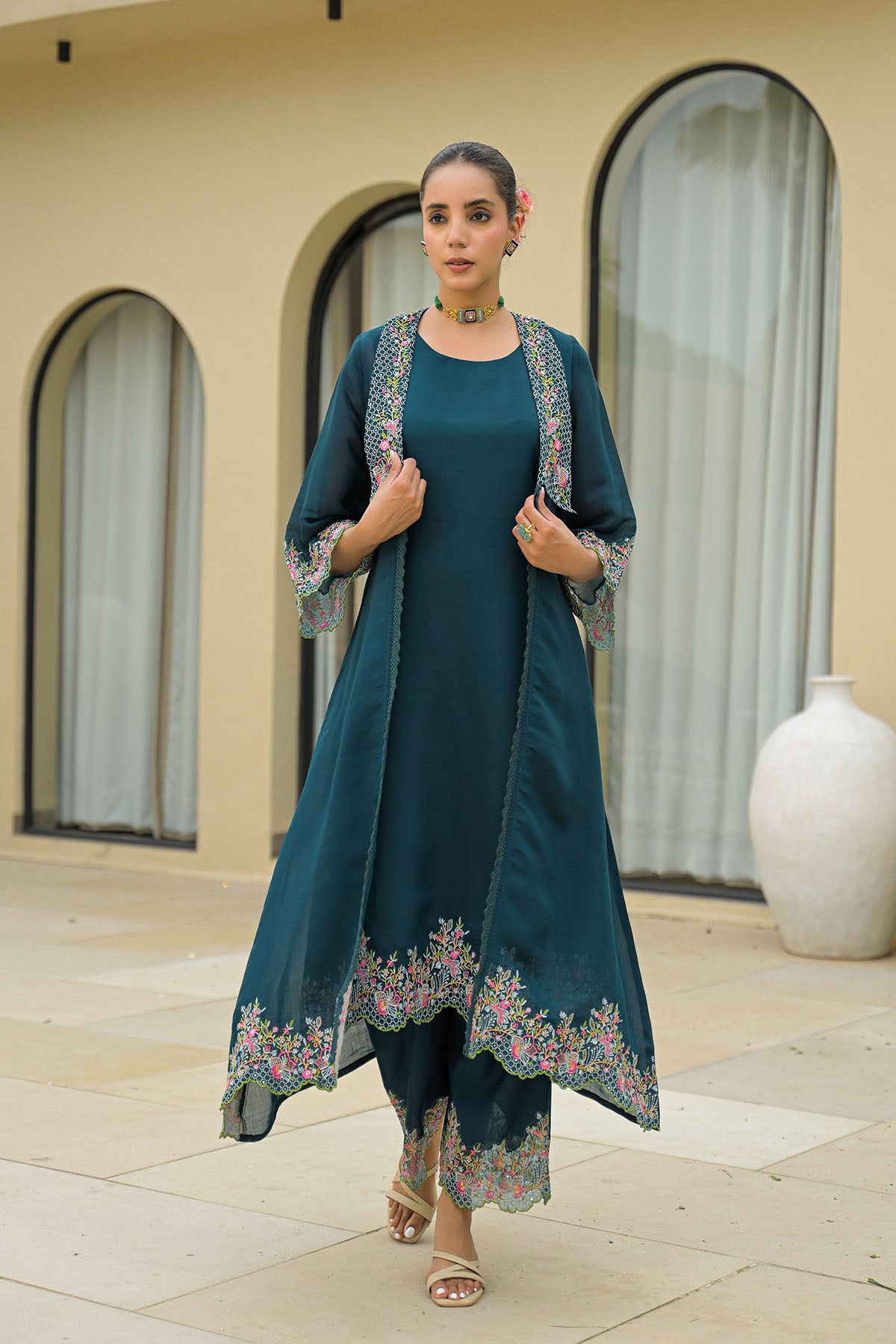 Turquoise Mul Chanderi Embroidered Shrug Set
