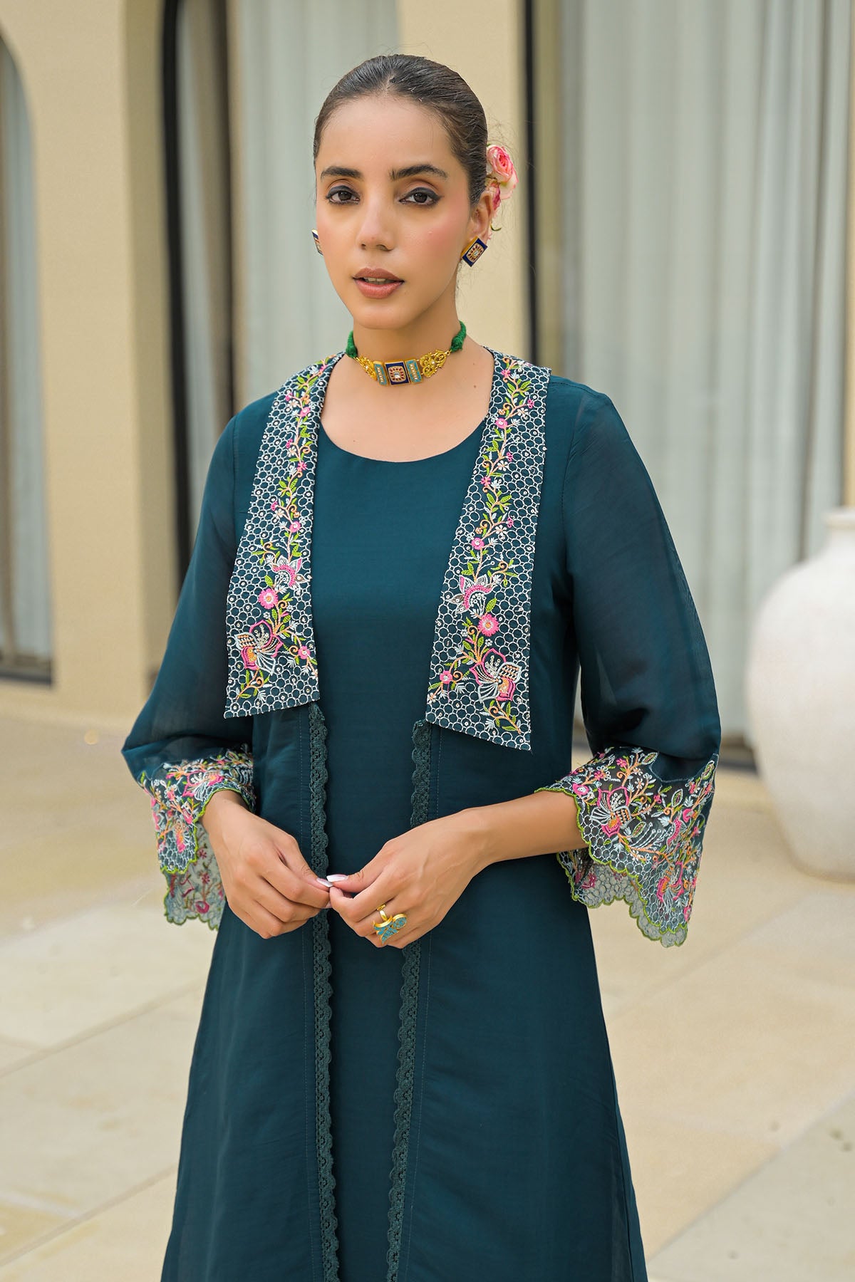 Turquoise Mul Chanderi Embroidered Shrug Set