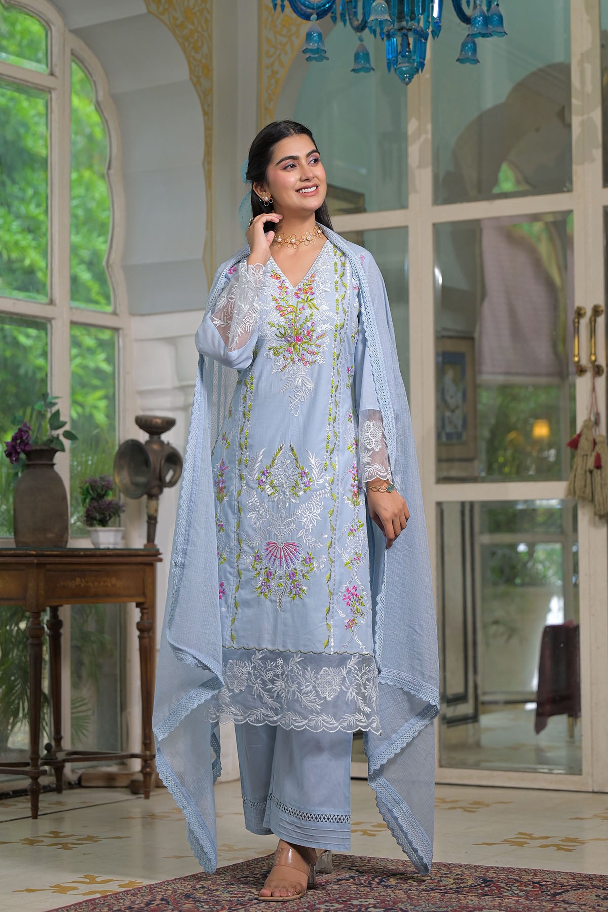 Blue Cotton Embroidered Straight Pakistani Suit