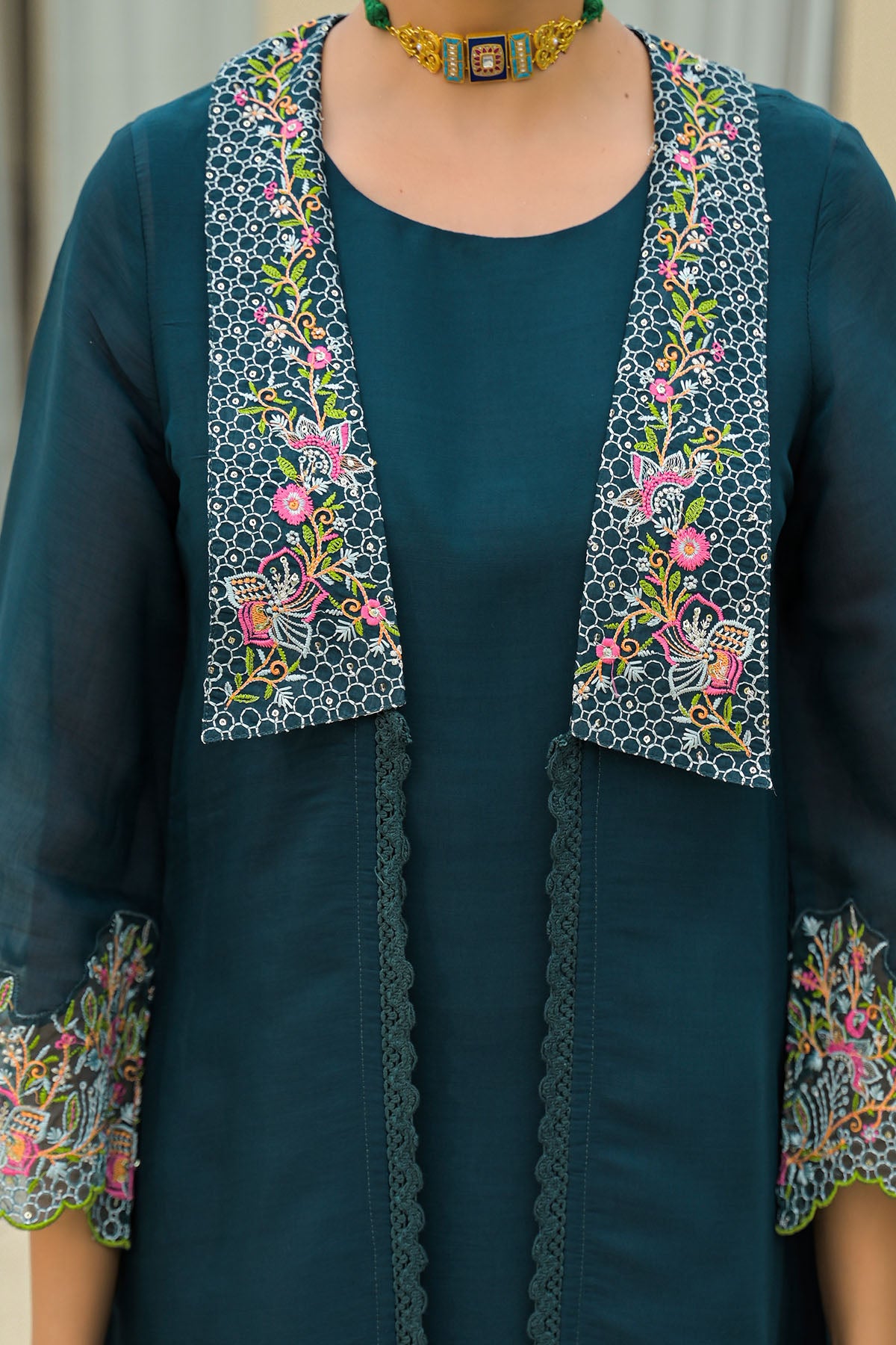 Turquoise Mul Chanderi Embroidered Shrug Set