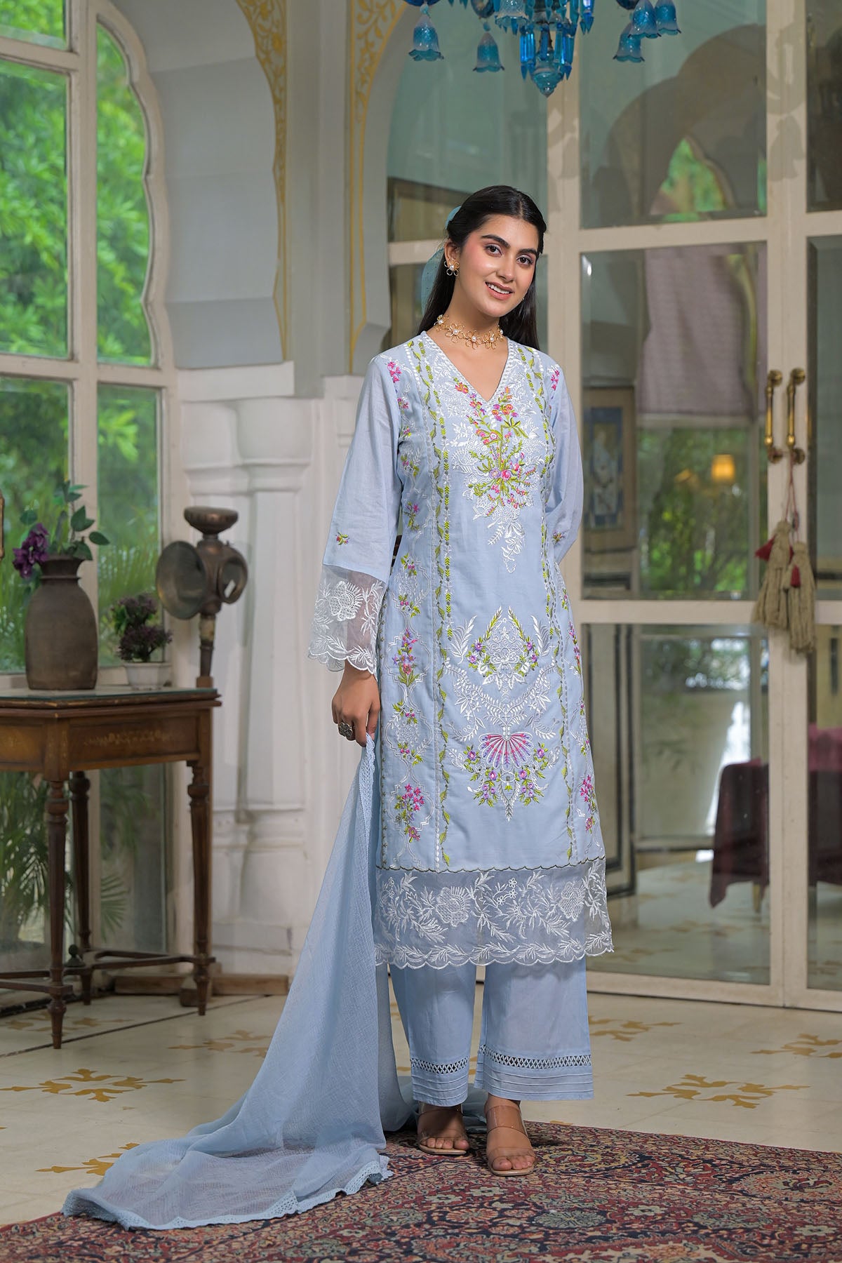 Blue Cotton Embroidered Straight Pakistani Suit