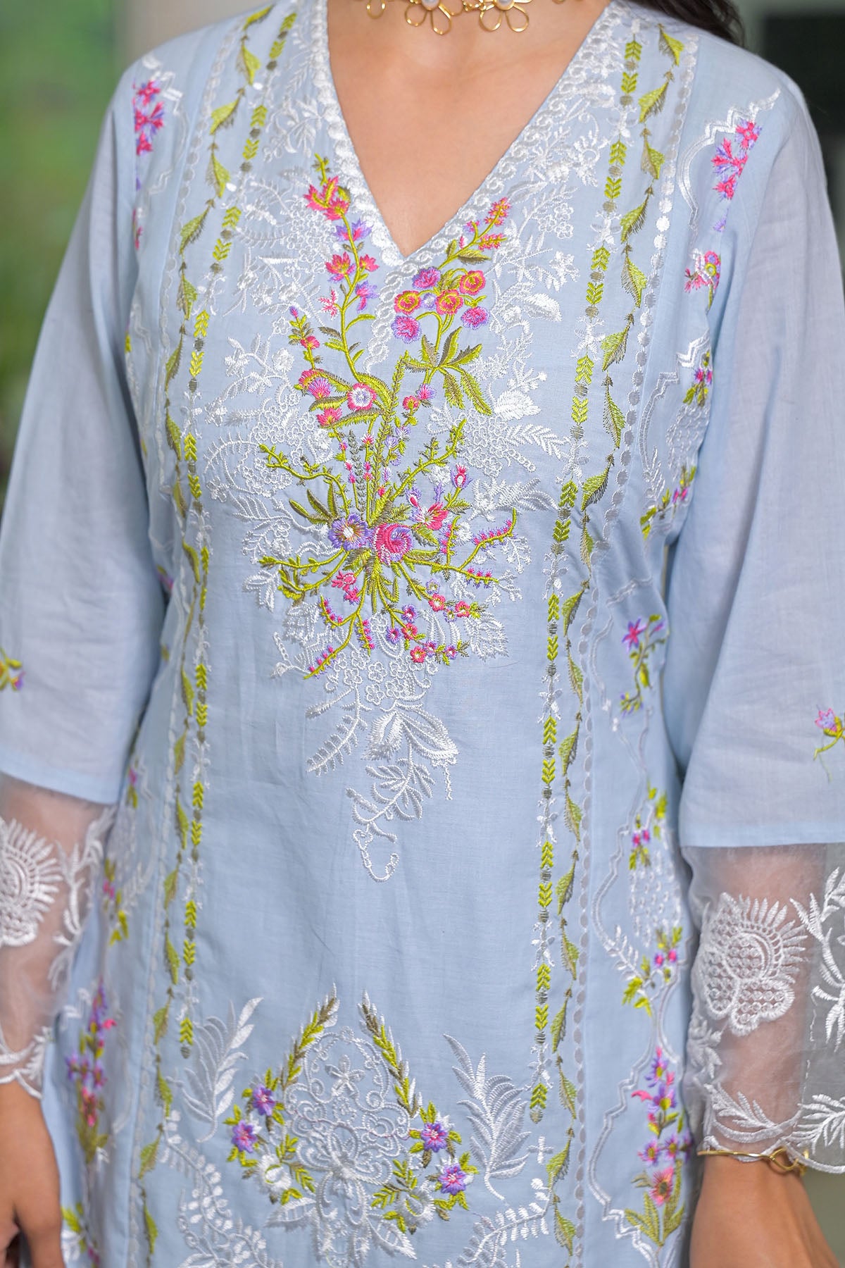 Blue Cotton Embroidered Straight Pakistani Suit